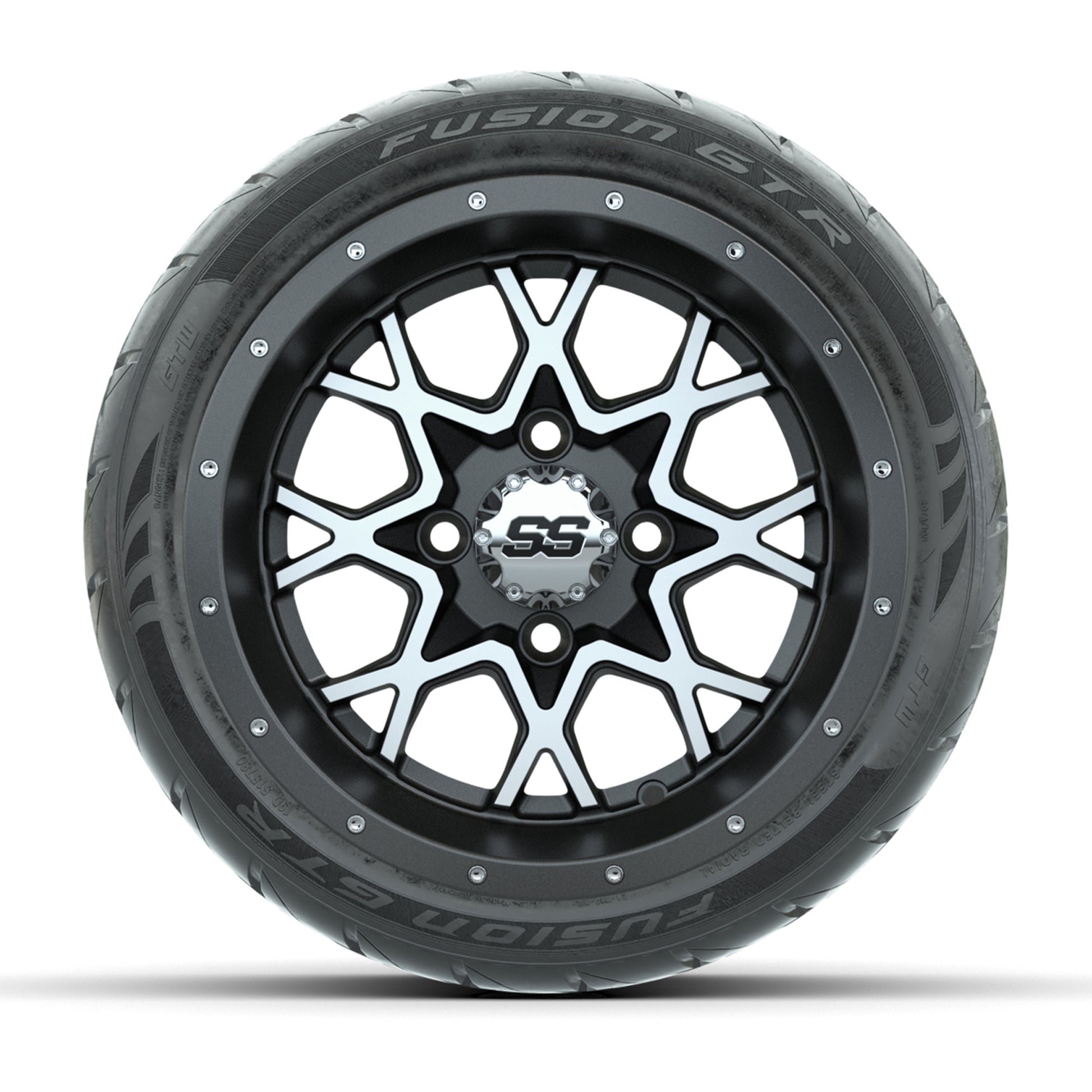 GTW® Vortex 2 Matte Gray/Machined 12 in Wheels with 215/40-R12 Fusion GTR Steel Belt Radial Street Tires – Full Set