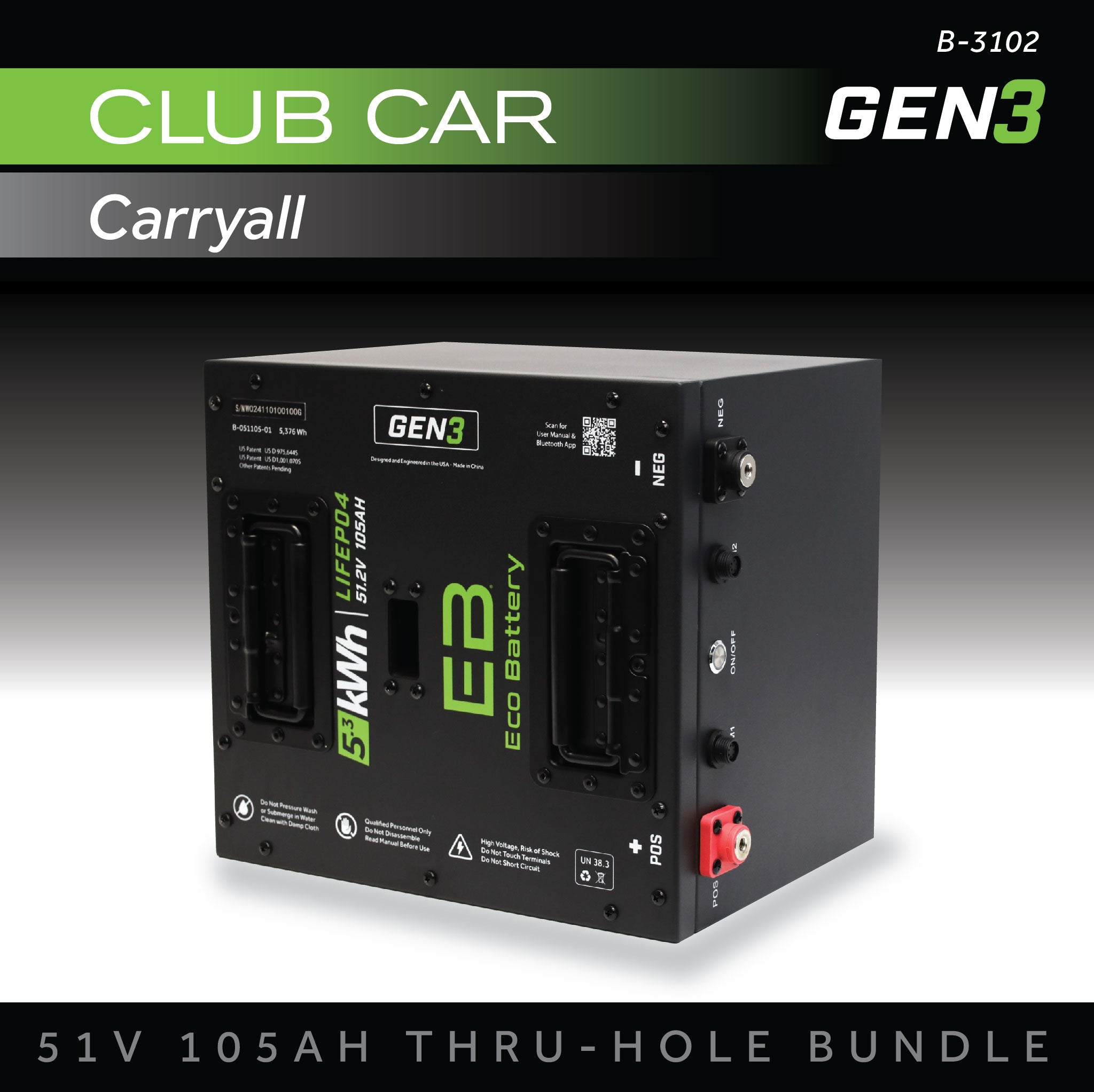 51V 105AH Eco Battery Thru-Hole Bundle / Club Car Carryall