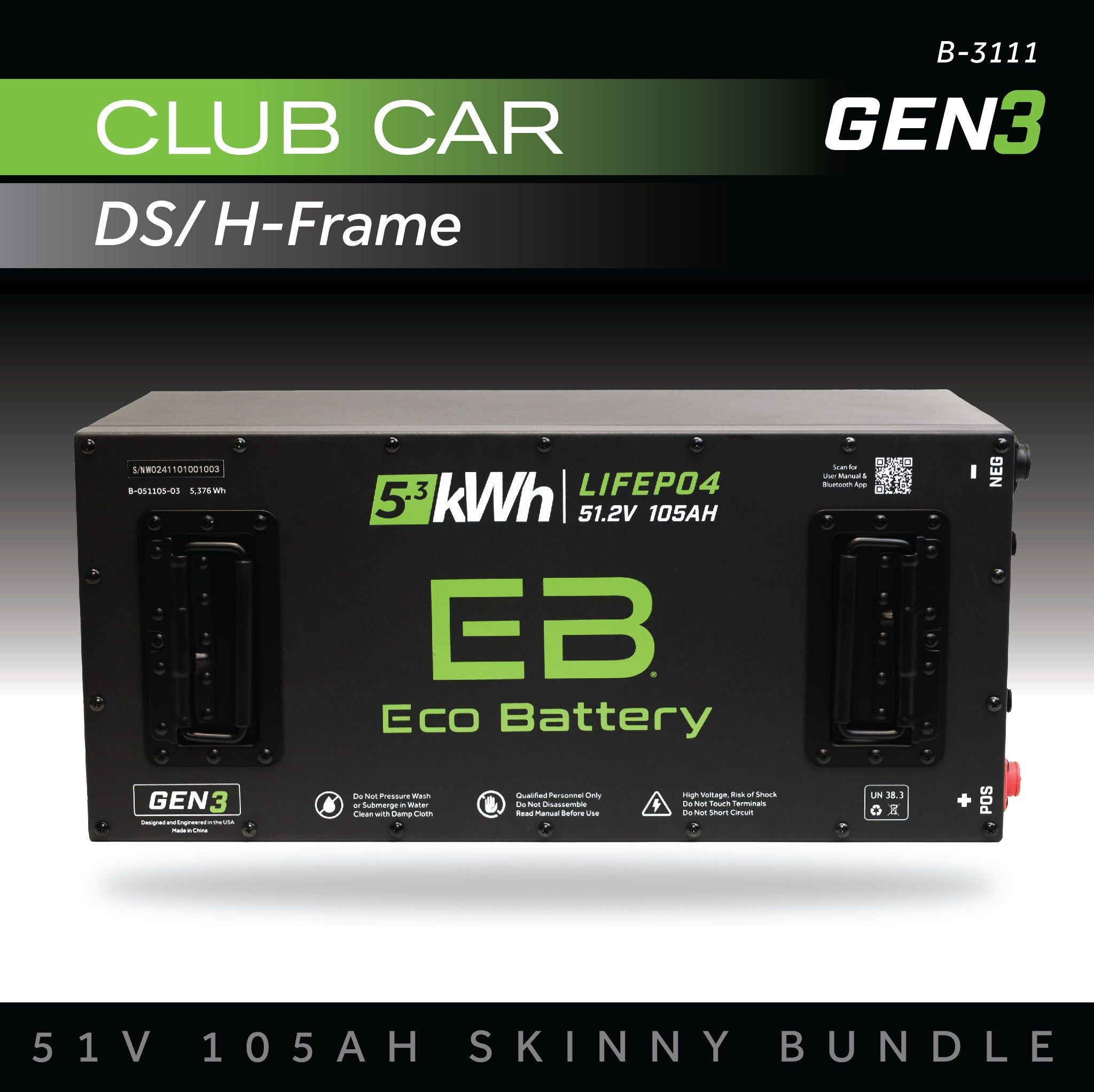 51V 105AH Eco Battery Bundle Skinny / Club Car DS / H-Frame