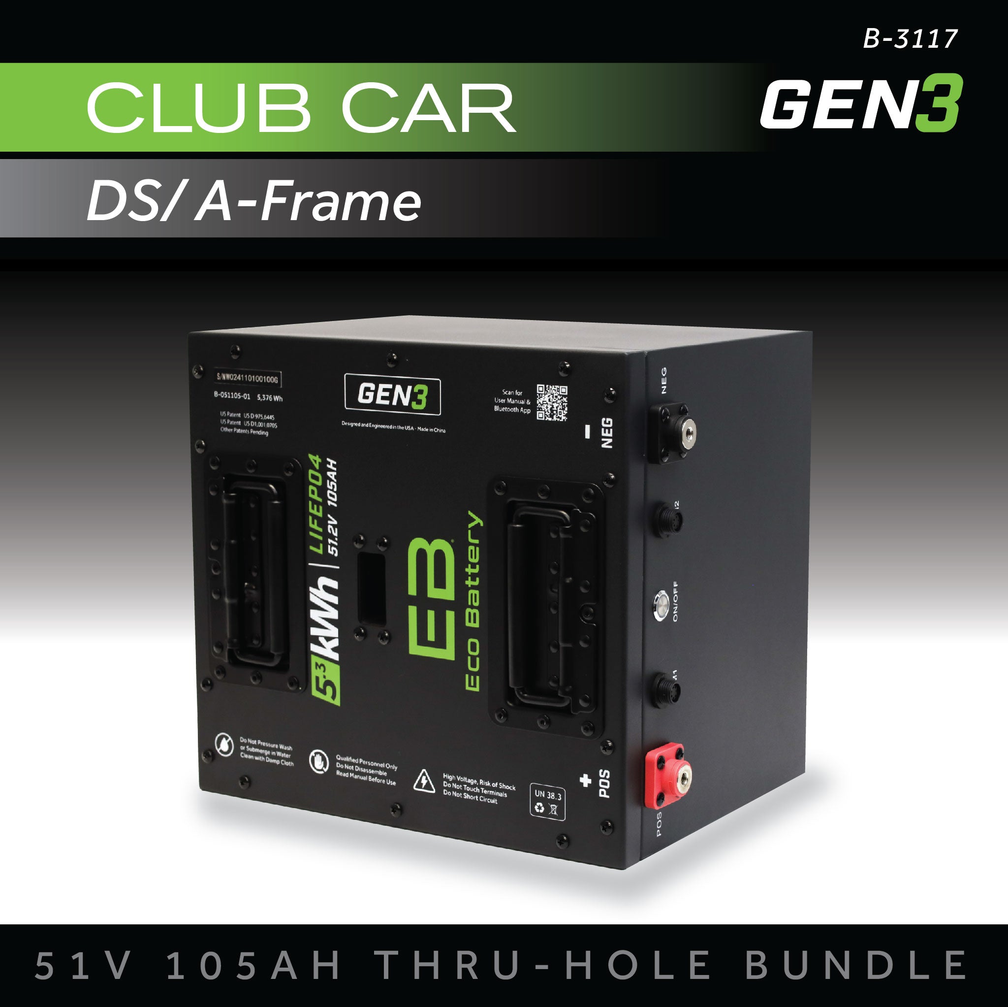 51V 105AH Eco Battery Thru-Hole Bundle / Club Car DS / A-Frame