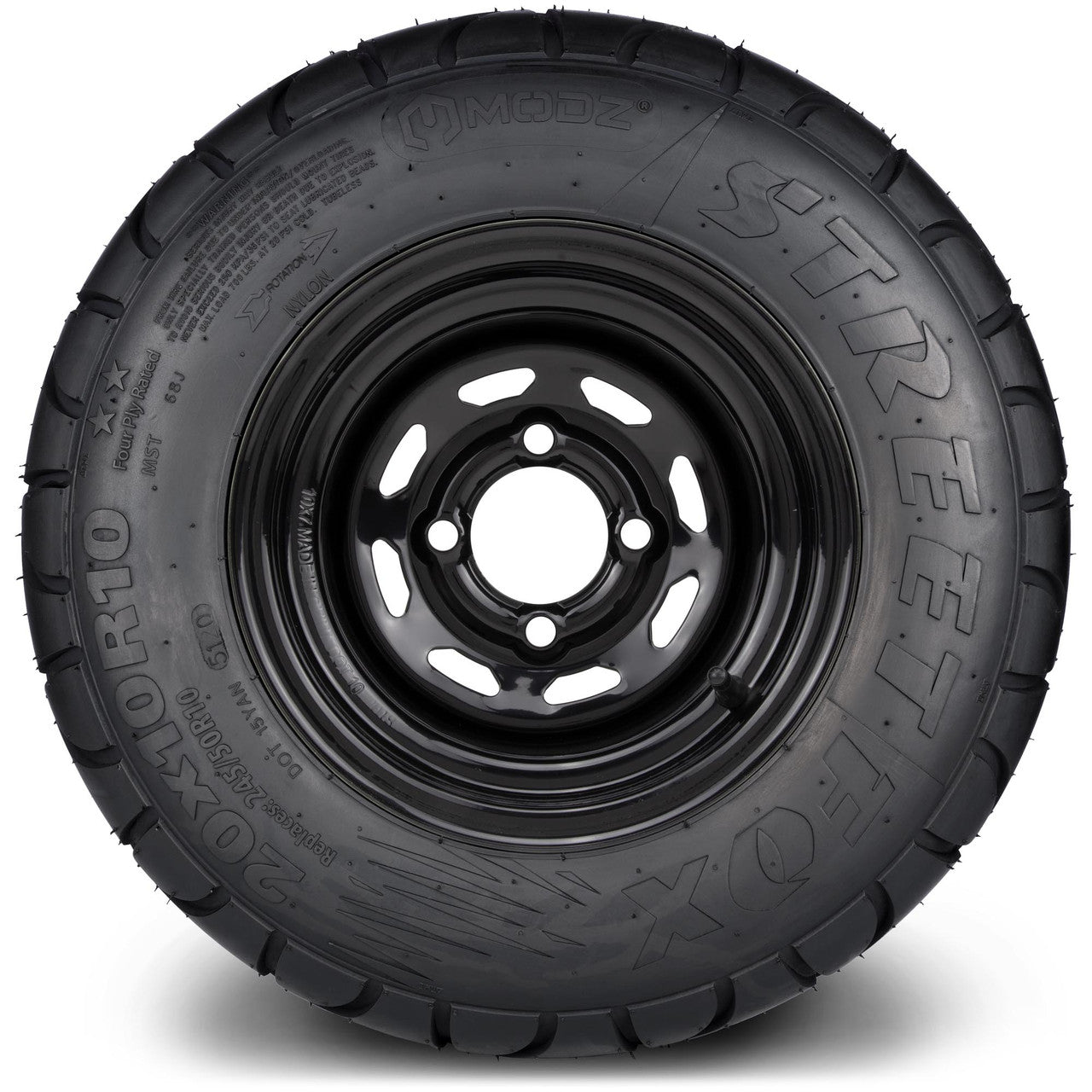 MODZ® 10" Steel D-Window Glossy Black Wheels & Street Tires Combo