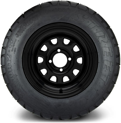 MODZ® 12" Steel D-Window Glossy Black Wheels & Street Tires Combo