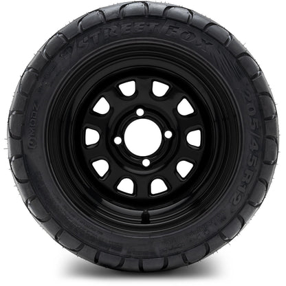 MODZ® 12" Steel D-Window Glossy Black Wheels & Street Tires Combo