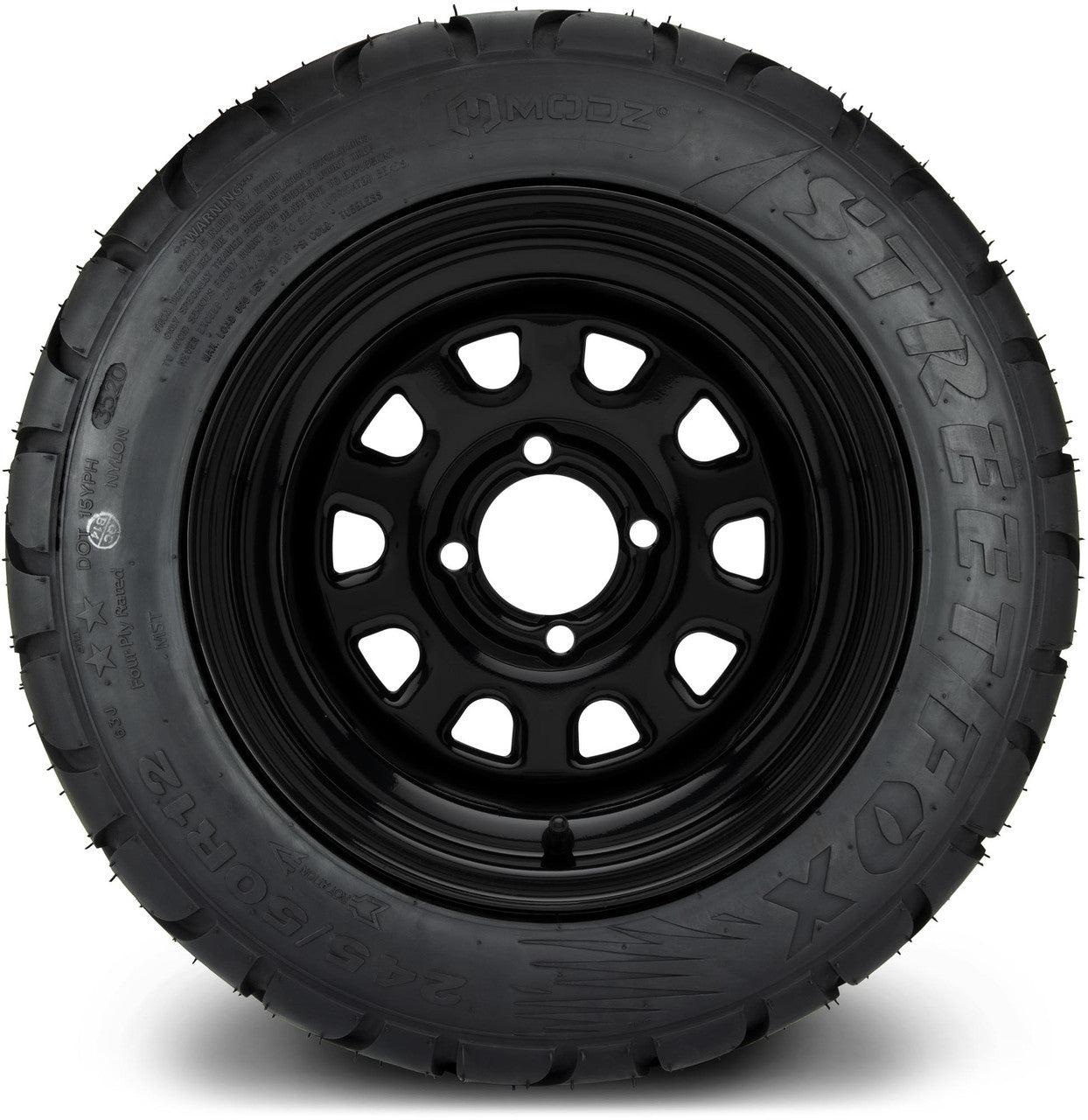 MODZ® 12" Steel D-Window Glossy Black Wheels & Street Tires Combo
