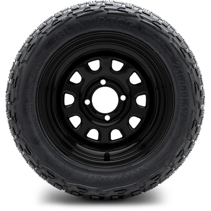 MODZ® 12" Steel D-Window Glossy Black Wheels & Off-Road Tires Combo