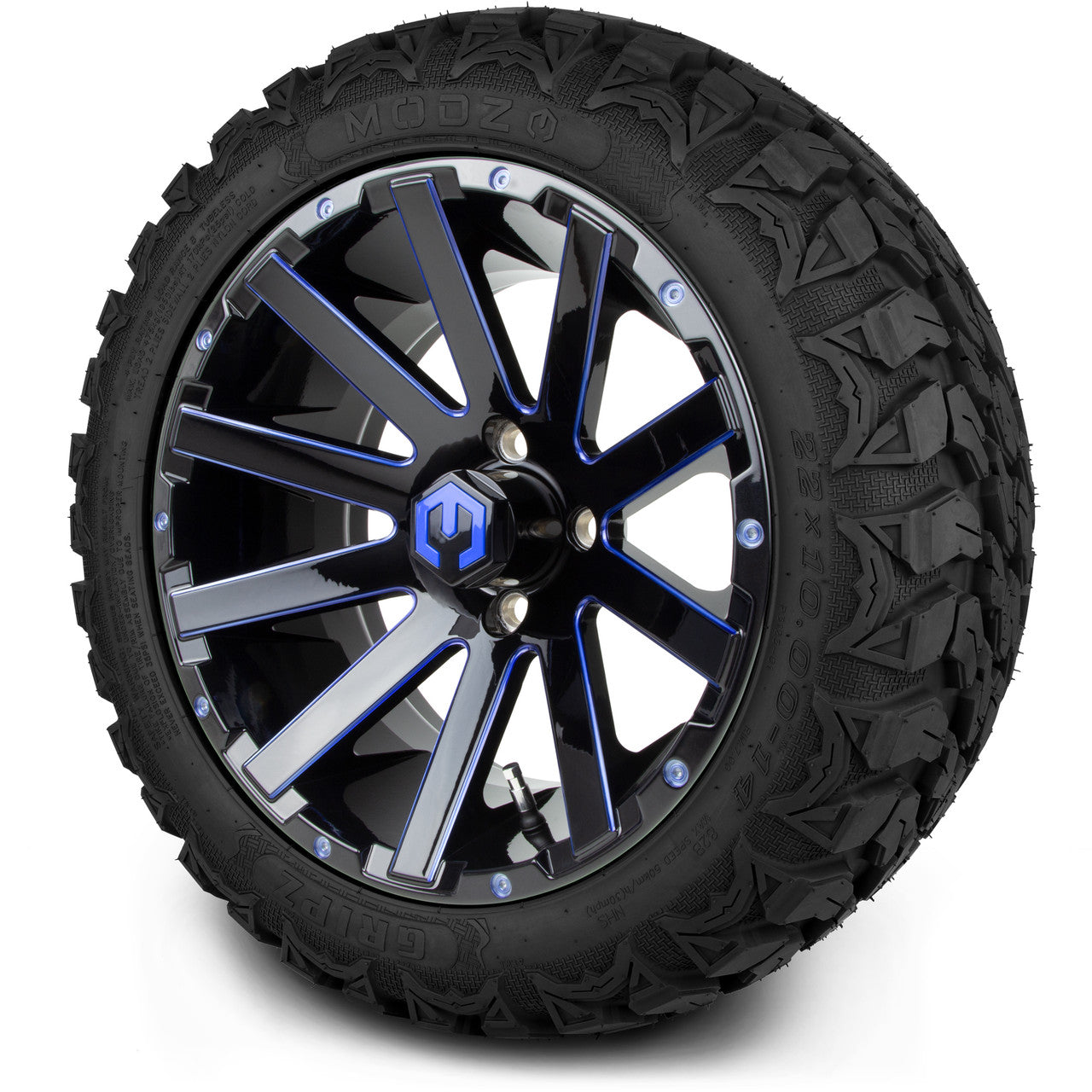 MODZ® 14" Mauler Glossy Black and Blue with Ball Mill Wheels & Off-Road Tires Combo