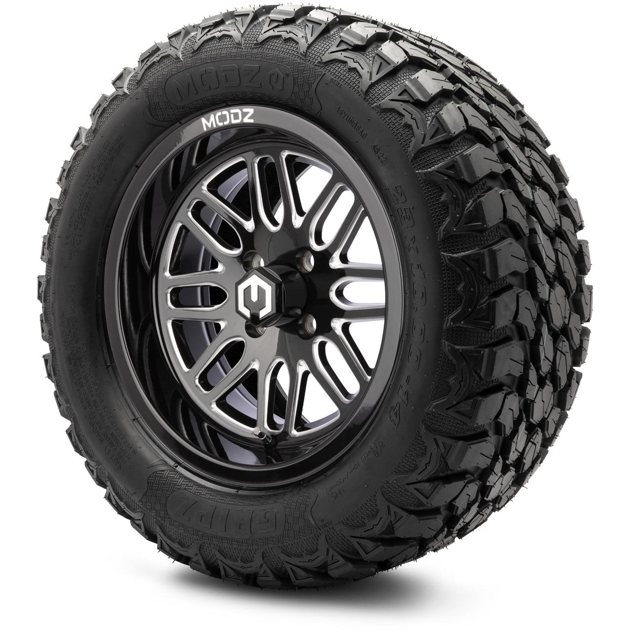 MODZ® 14" Mayhem Glossy Black with Ball Mill Wheels & Off-Road Tires Combo