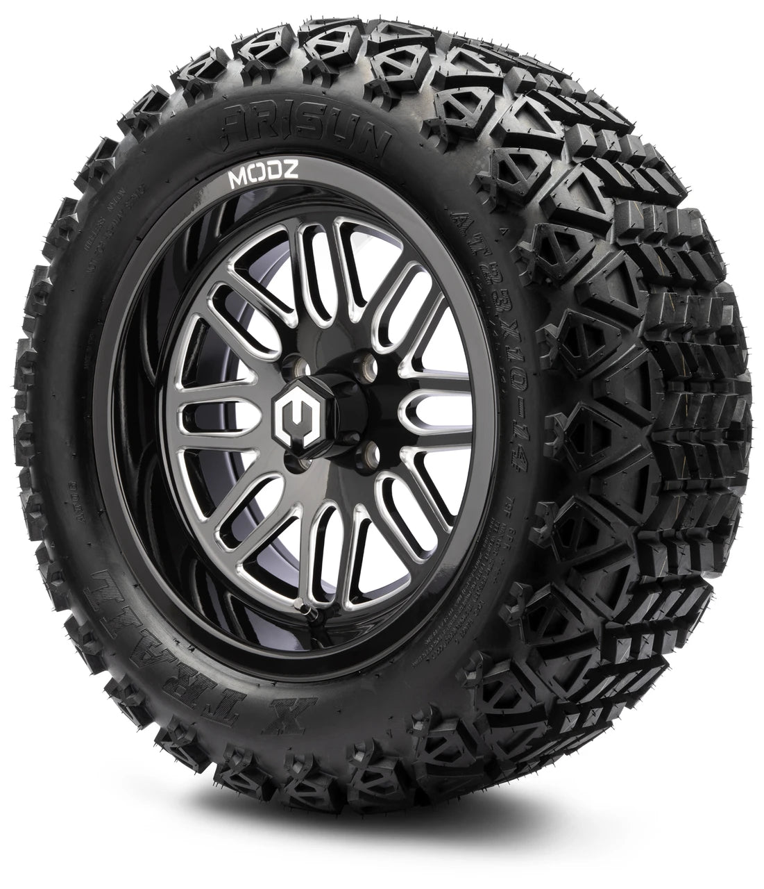 MODZ® 14" Mayhem Glossy Black with Ball Mill Wheels & Off-Road Tires Combo