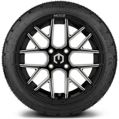 MODZ® 14" Matrix Glossy Black Ball Mill Wheels & Street Tires Combo