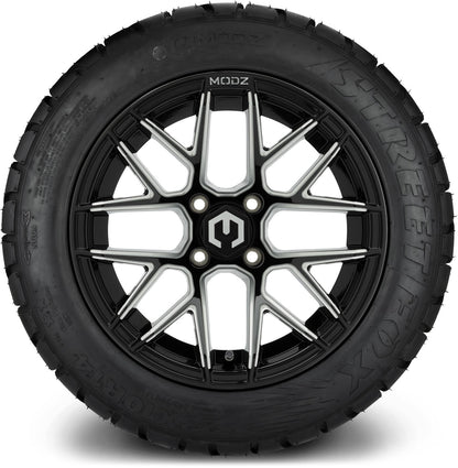 MODZ® 14" Matrix Glossy Black Ball Mill Wheels & Street Tires Combo