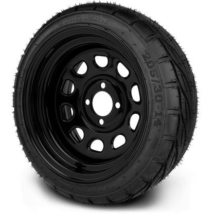 MODZ® 14" Steel D-Window Glossy Black Wheels & Street Tires Combo