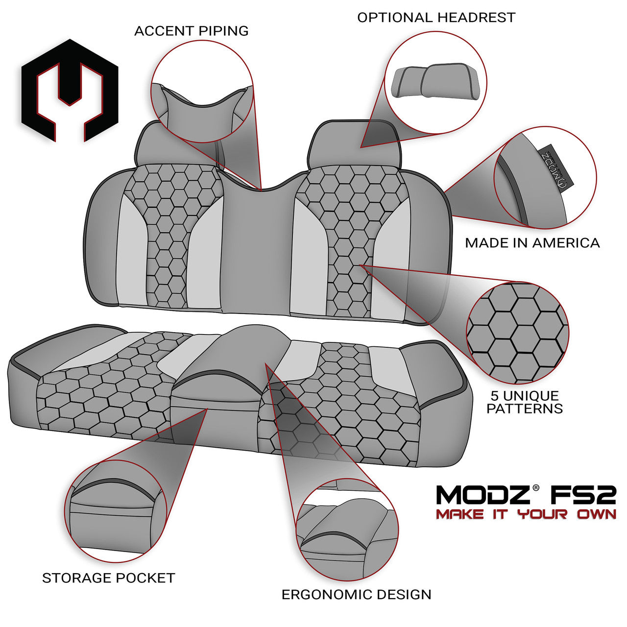 MODZ® FS2 FRONT SEAT FOR CLUB CAR, EZGO, ICON/EV1 & YAMAHA - CUSTOM