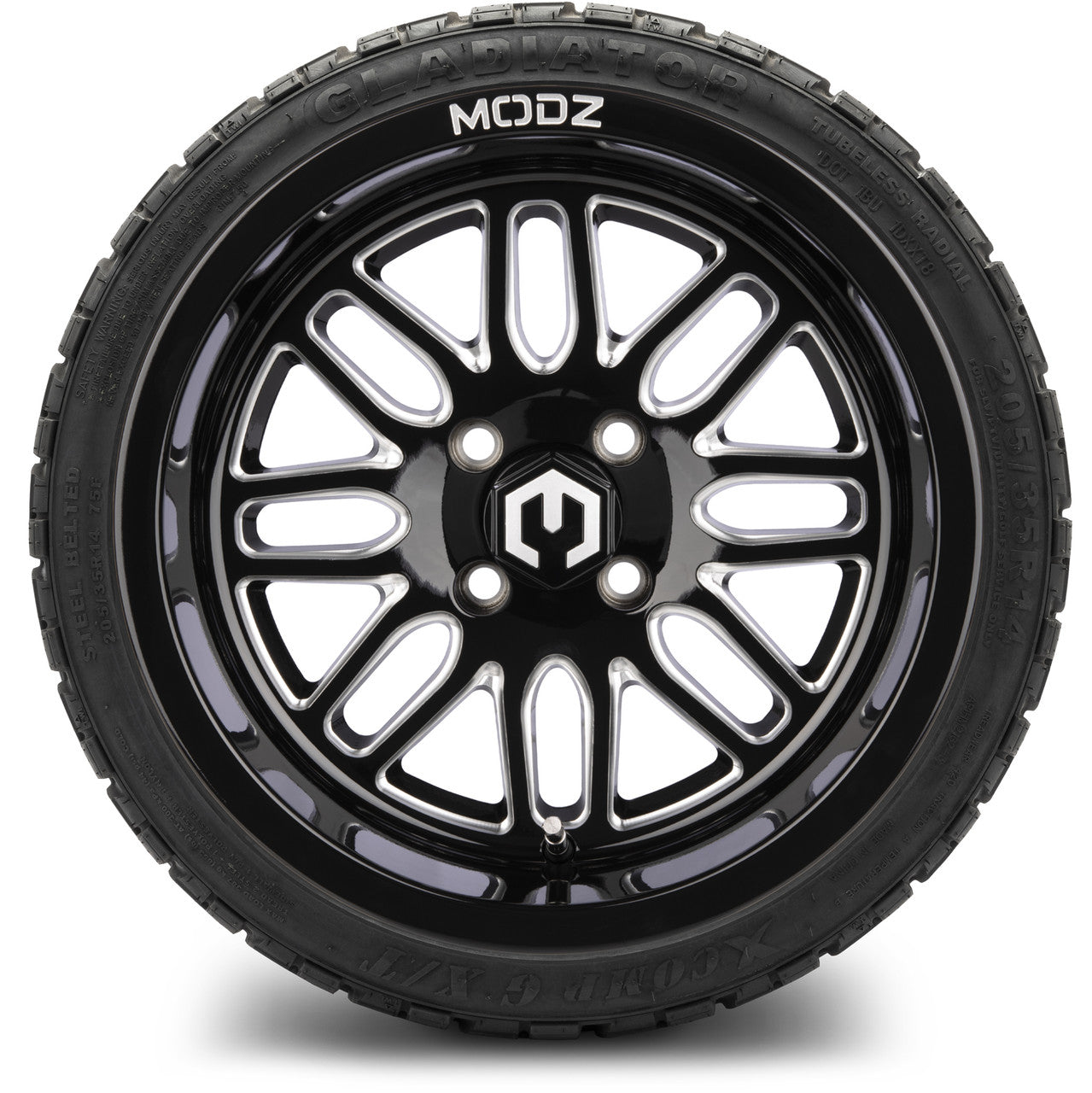 MODZ® 14" Mayhem Glossy Black with Ball Mill Wheels & Off-Road Tires Combo