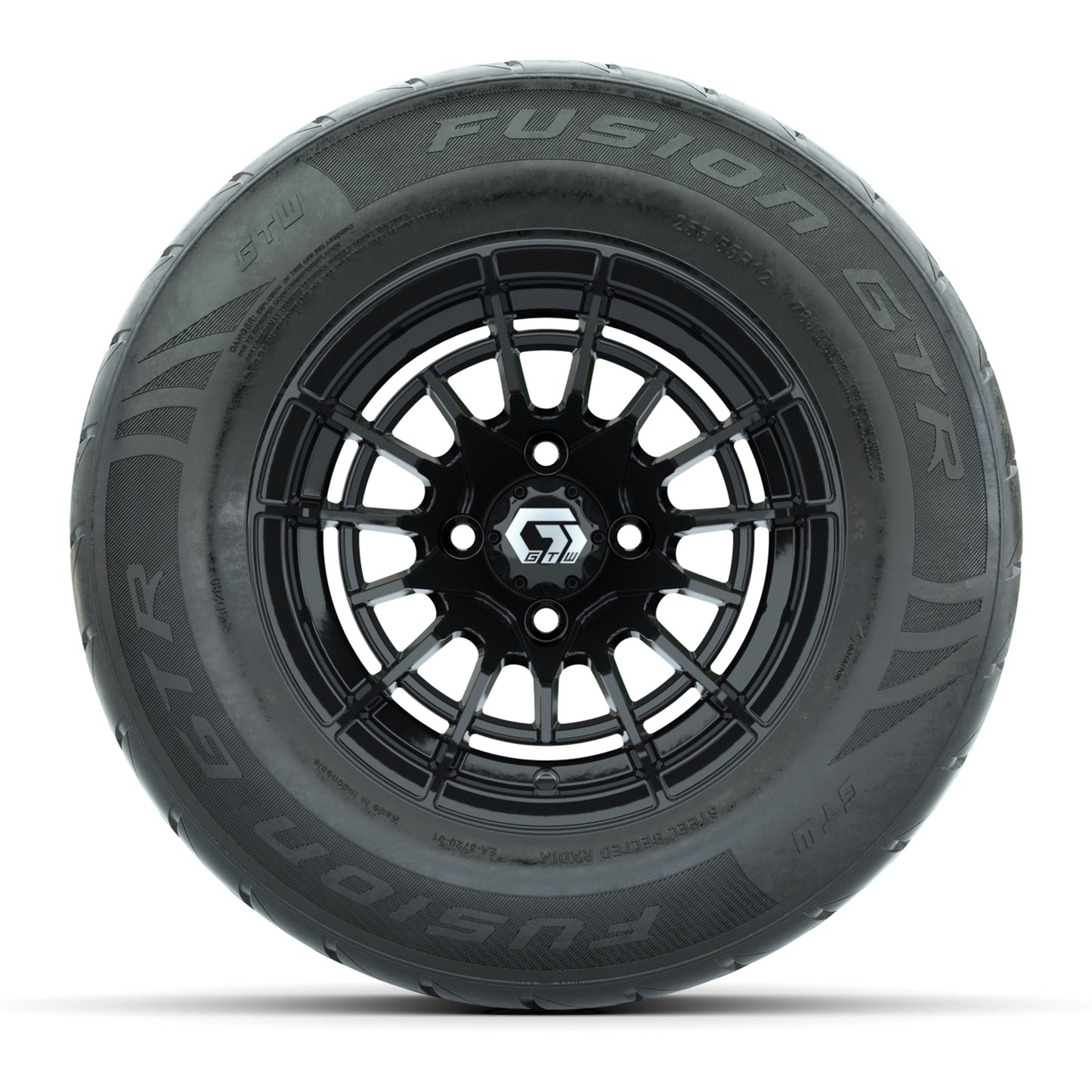 GTW® Boost Gloss Black 12 in Wheels with 255/55-R12 Fusion GTR Steel Belt Radial Street Tires - Full Set