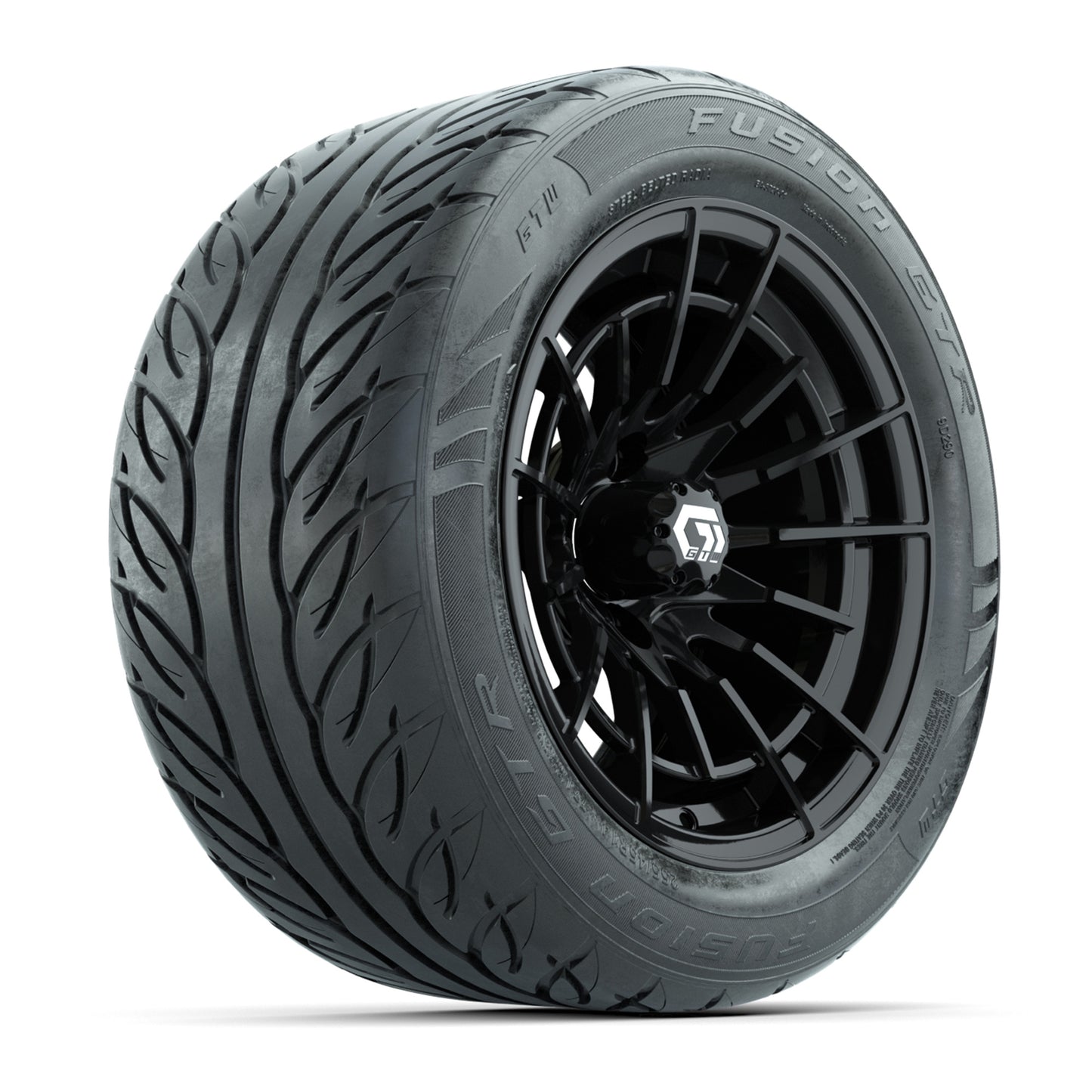 GTW® Boost Gloss Black 14 in Wheels with 255/45-R14 Fusion GTR Steel Belt Radial Street Tires – Full Set
