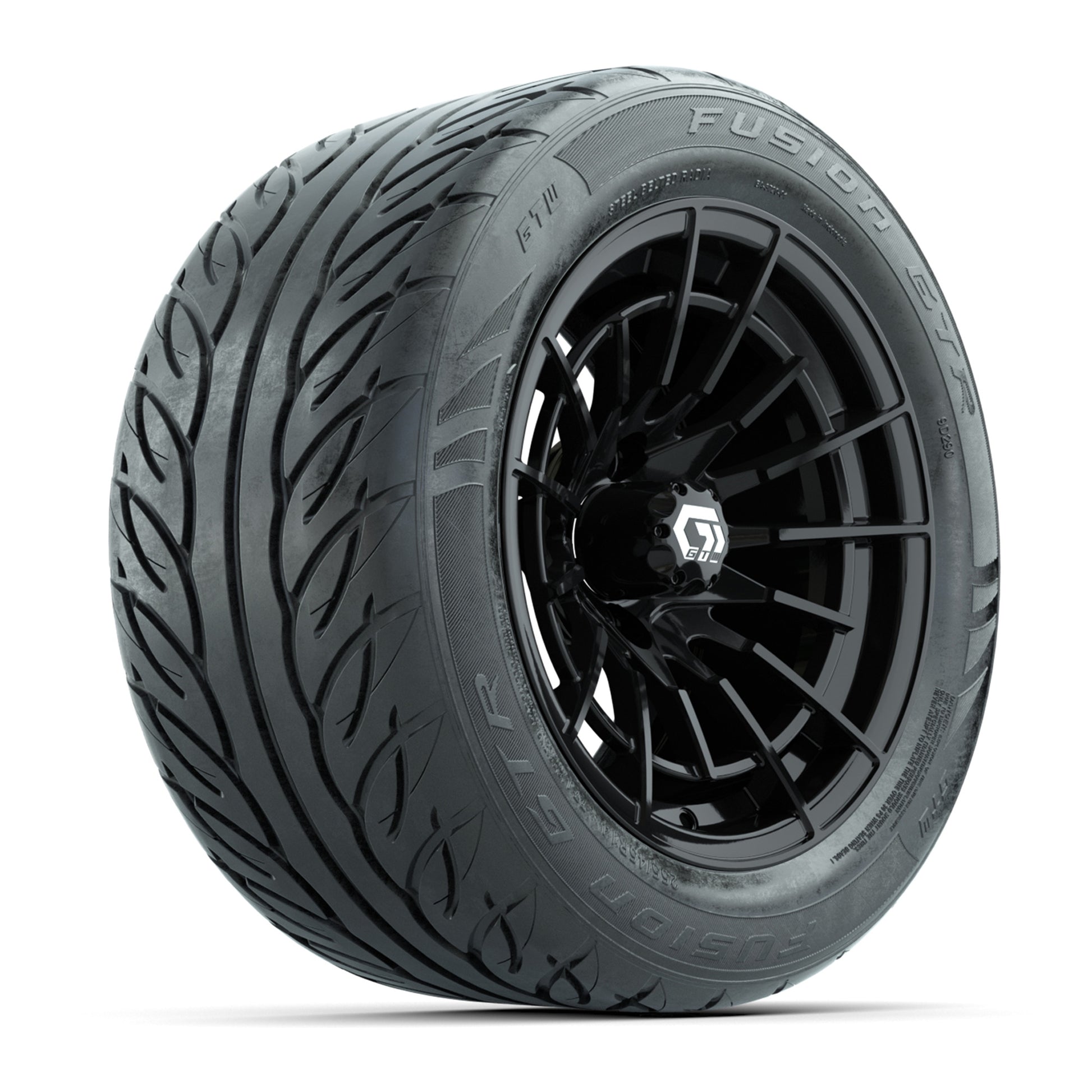 GTW® Boost Gloss Black 14 in Wheels with 255/45-R14 Fusion GTR Steel Belt Radial Street Tires – Full Set