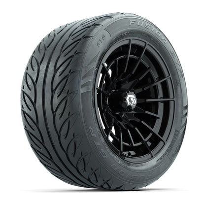 GTW® Boost Gloss Black 14 in Wheels with 255/45-R14 Fusion GTR Steel Belt Radial Street Tires – Full Set