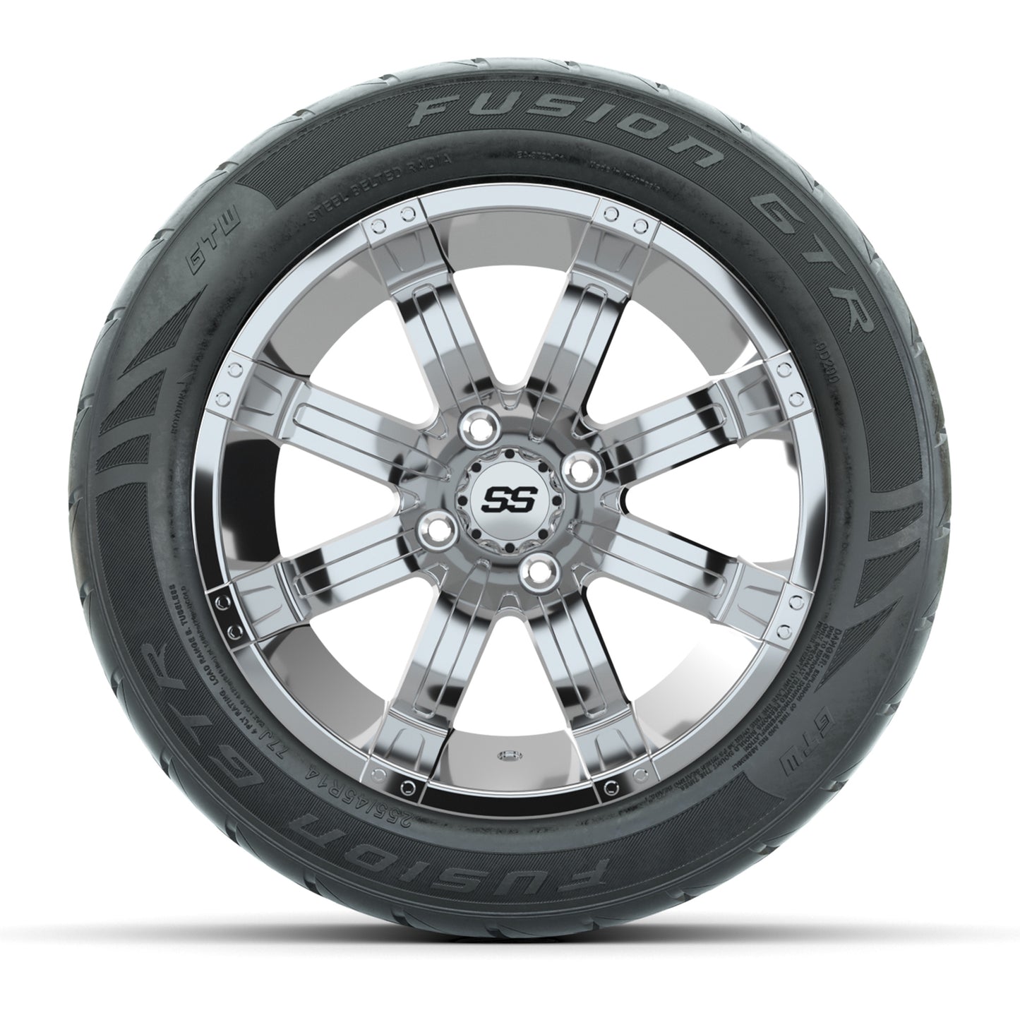 GTW® Tempest Chrome 14 in Wheels with 255/45-R14 Fusion GTR Steel Belt Radial Street Tires – Full Set