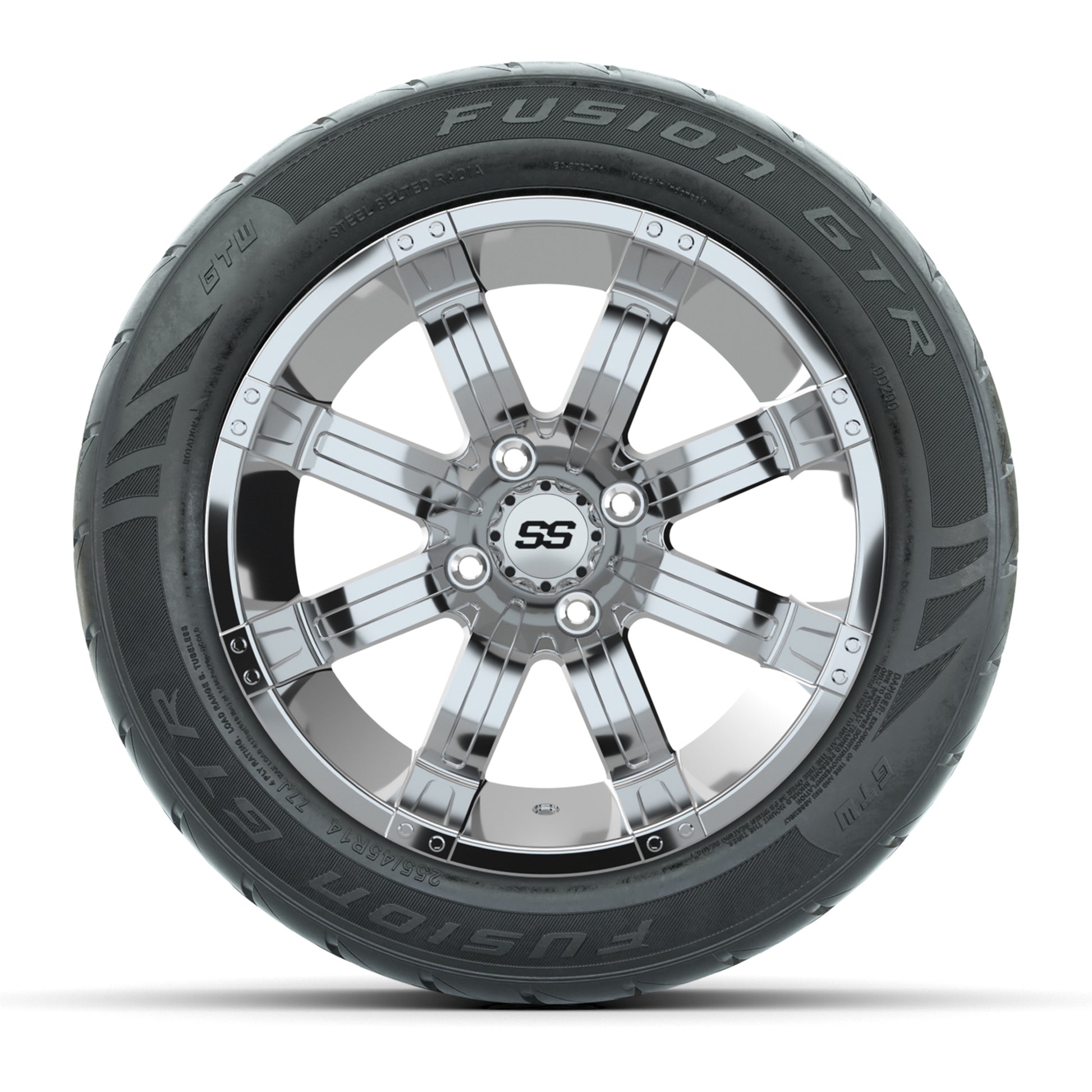 GTW® Tempest Chrome 14 in Wheels with 255/45-R14 Fusion GTR Steel Belt Radial Street Tires – Full Set