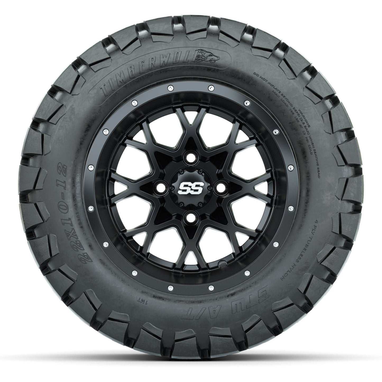 GTW® Vortex 2 Matte Black/Machined 12 in Wheels with 22X10-12 Timberwolf All-Terrain Tires – Full Set
