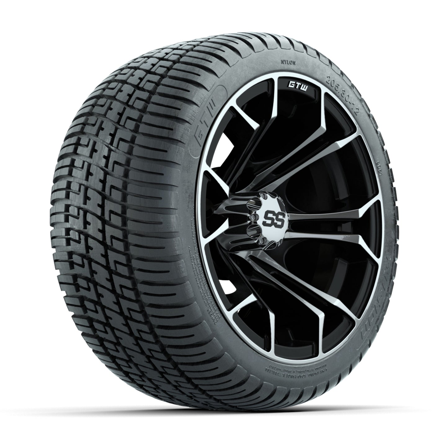 GTW Spyder Machined and Black 12 in Wheels with 18in Fusion Street Tires – Set of 4