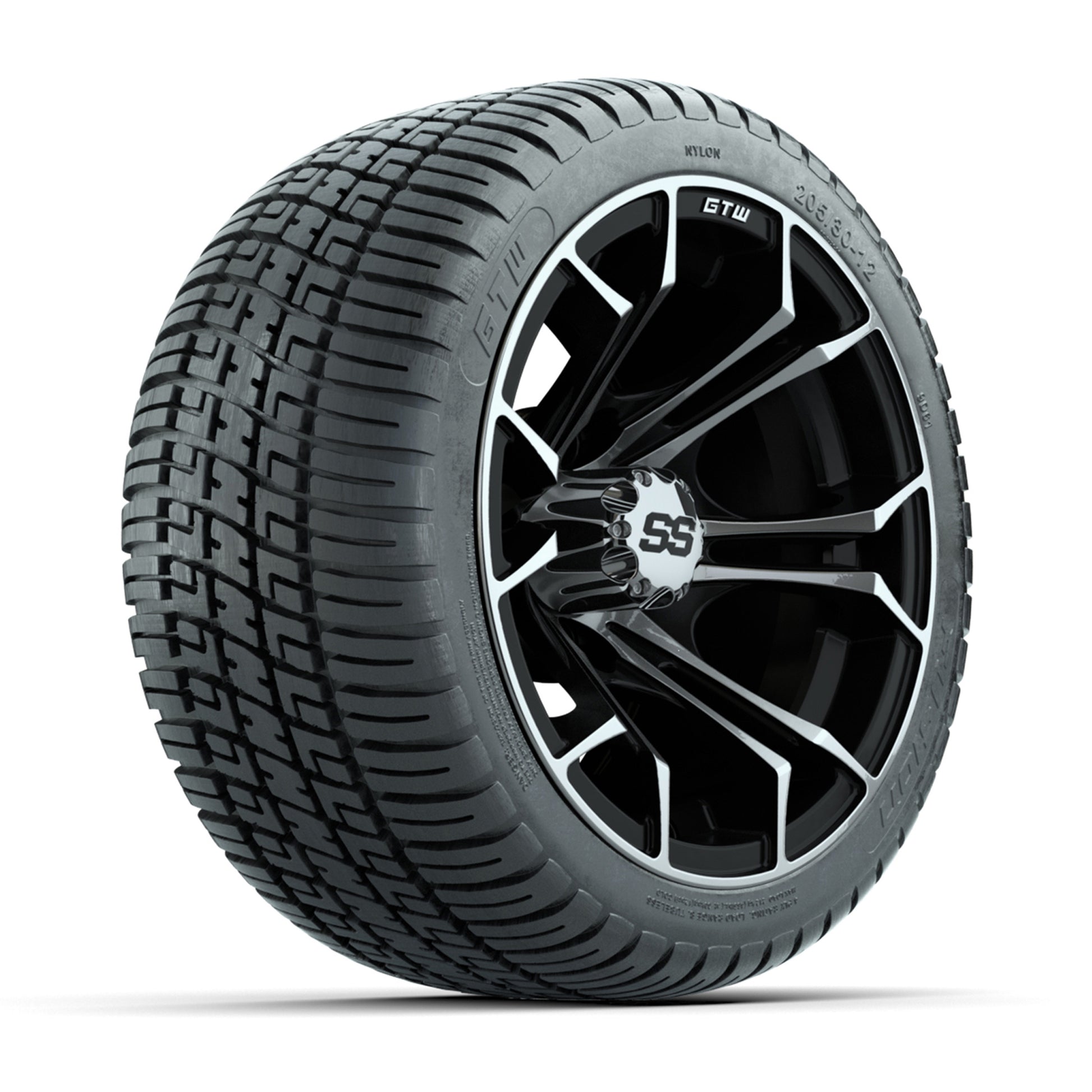GTW Spyder Machined and Black 12 in Wheels with 18in Fusion Street Tires – Set of 4
