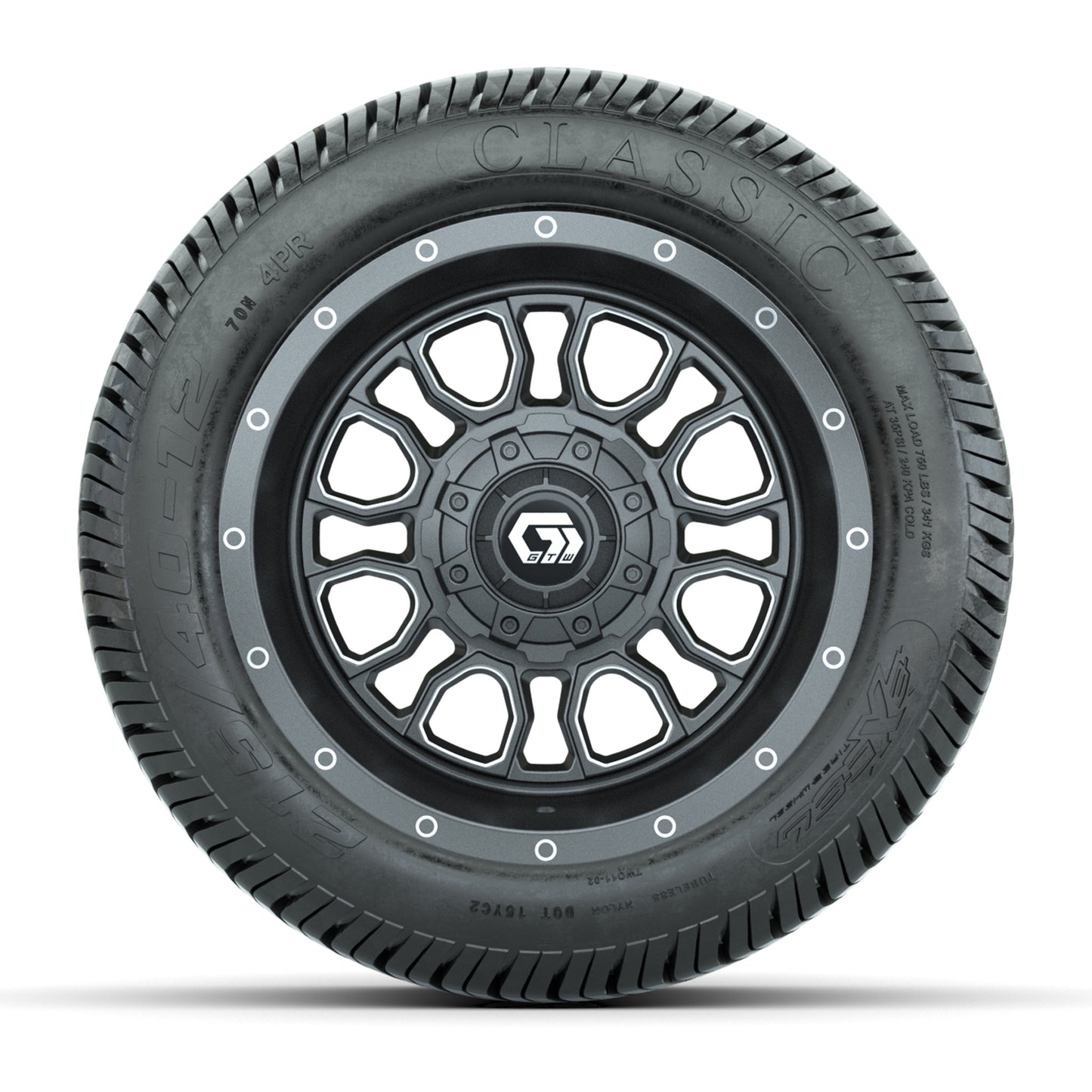 GTW® Volt Gunmetal 12 in Wheels with 215/40-12 Excel Classic Street Tires – Full Set