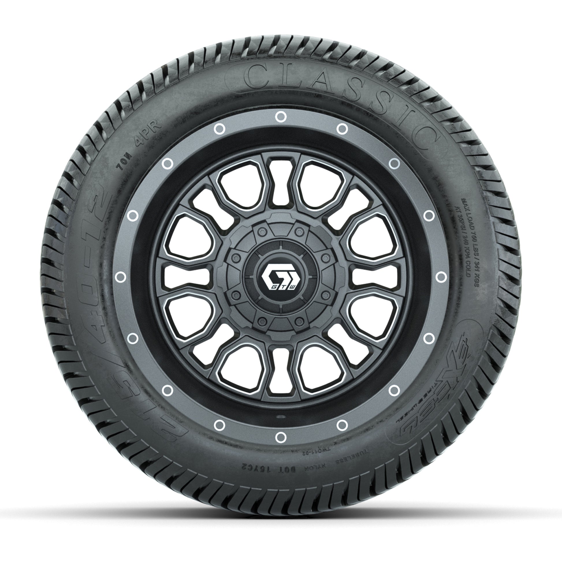 GTW® Volt Gunmetal 12 in Wheels with 215/40-12 Excel Classic Street Tires – Full Set