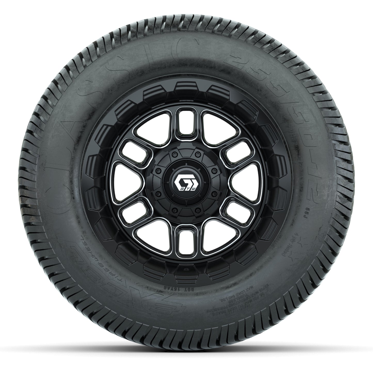 GTW® Titan Black/Machined 12 in Wheels with 255/50-12 Excel Classic Street Tires – Full Set