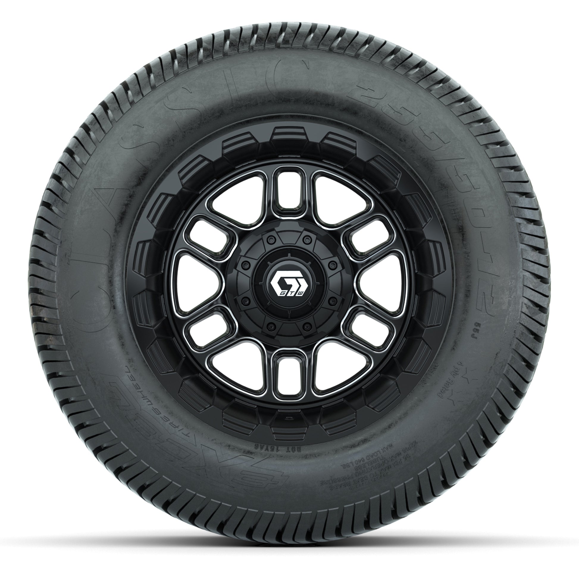 GTW® Titan Black/Machined 12 in Wheels with 255/50-12 Excel Classic Street Tires – Full Set