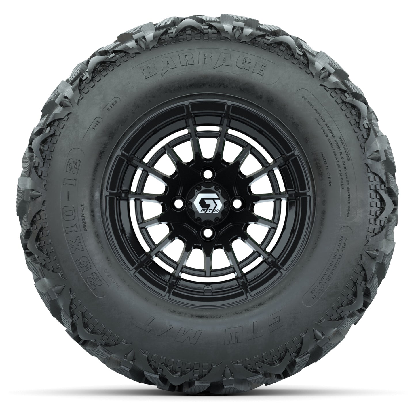 GTW® Boost Gloss Black 12 in Wheels with 25X10-12 Barrage Mud Tires – Full Set