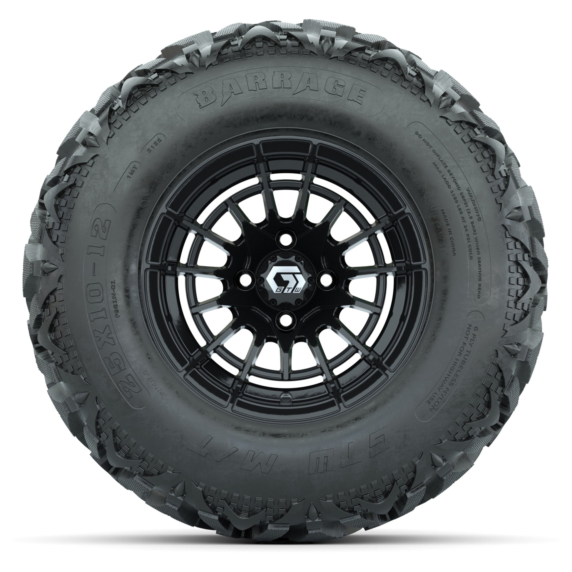 GTW® Boost Gloss Black 12 in Wheels with 25X10-12 Barrage Mud Tires – Full Set