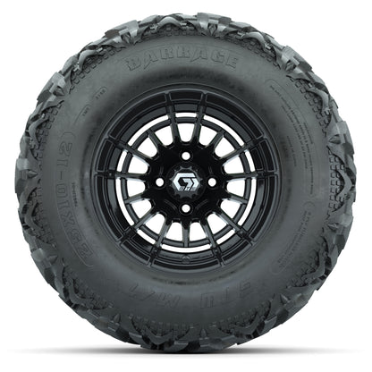 GTW® Boost Gloss Black 12 in Wheels with 25X10-12 Barrage Mud Tires – Full Set