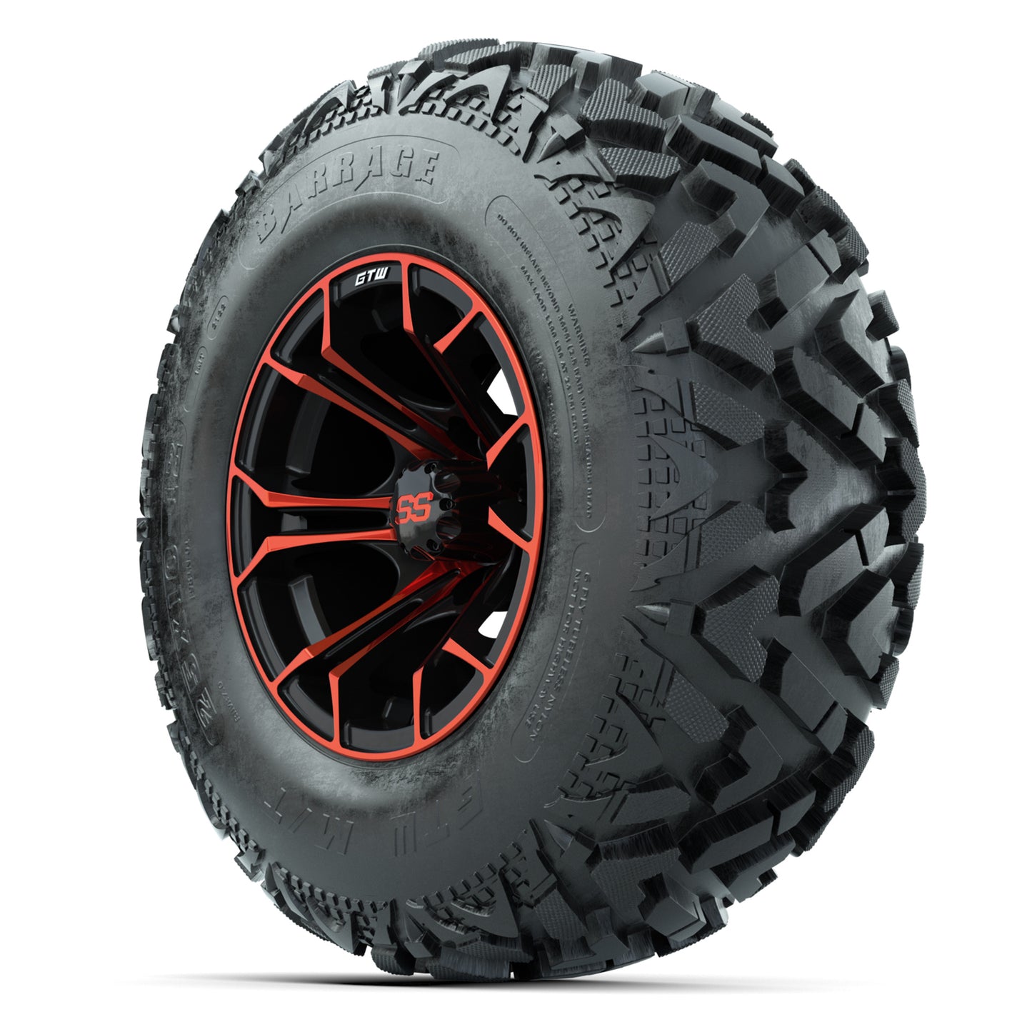 GTW® Spyder Black/Red 12 in Wheels with 25X10-12 Barrage Mud Tires – Full Set