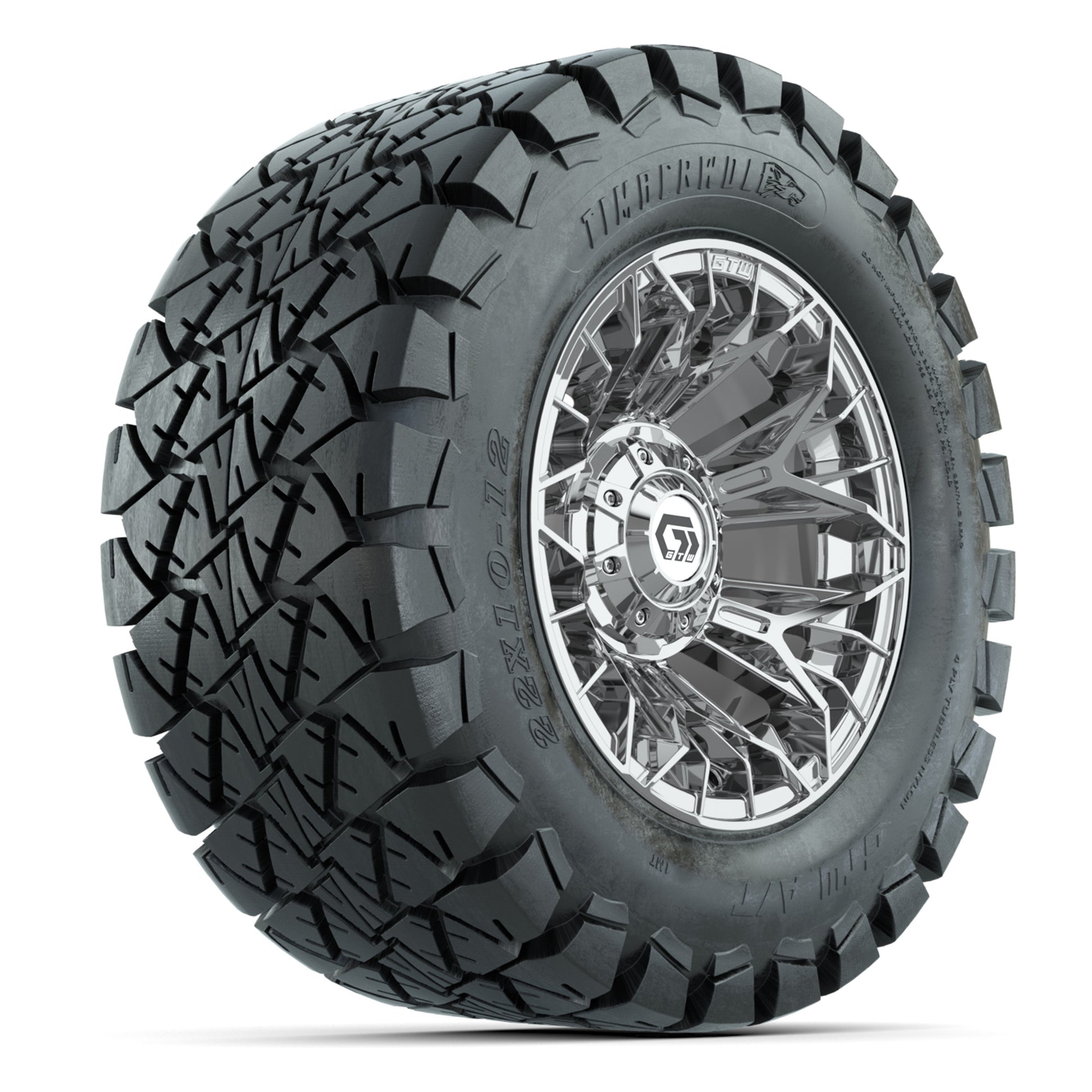 GTW® Stellar Chrome 12 in Wheels with 22X10-12 Timberwolf All-Terrain Tires – Full Set