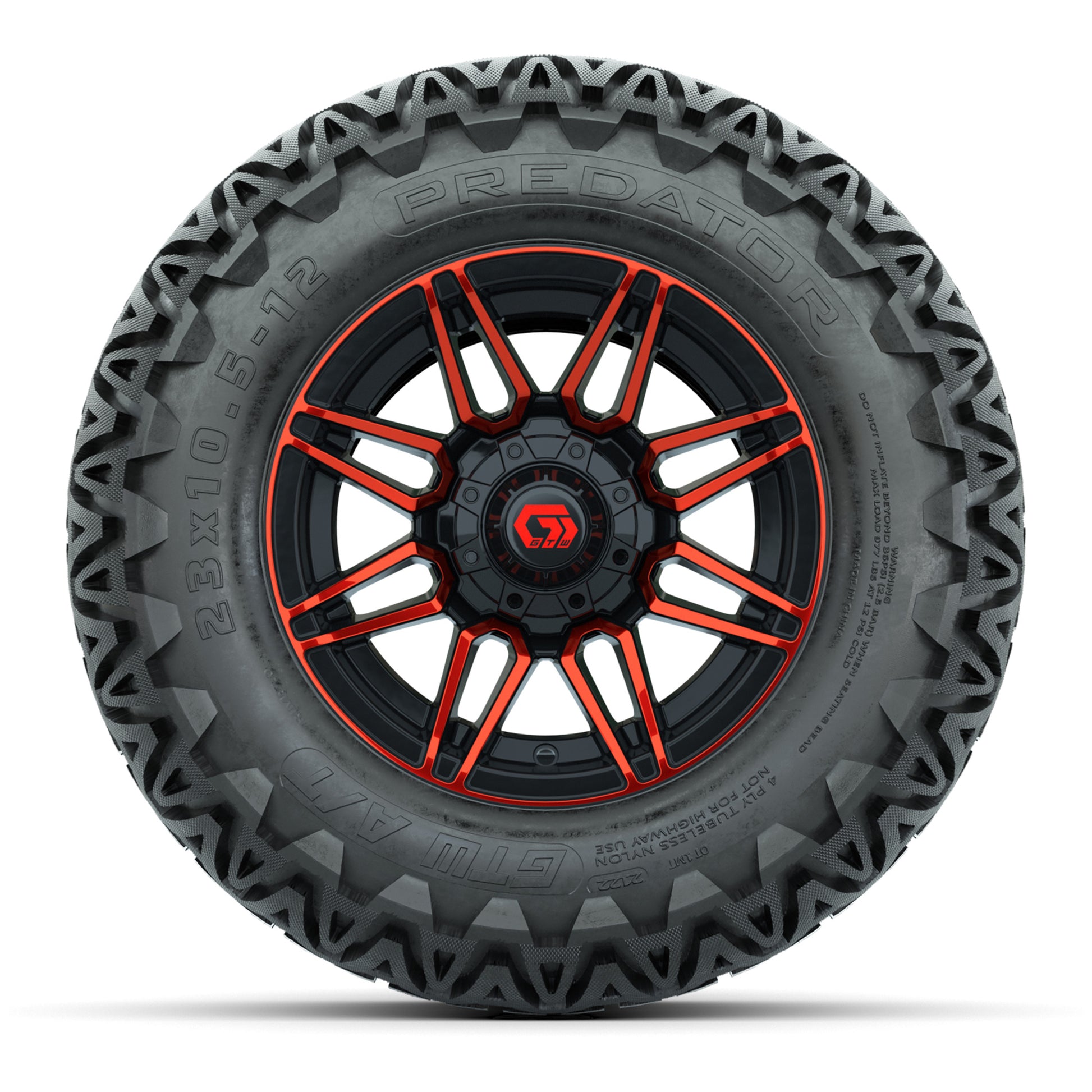 GTW® Stealth Red/Machined 12 in Wheels with 23X10.5-12 Predator All-Terrain Tires – Full Set