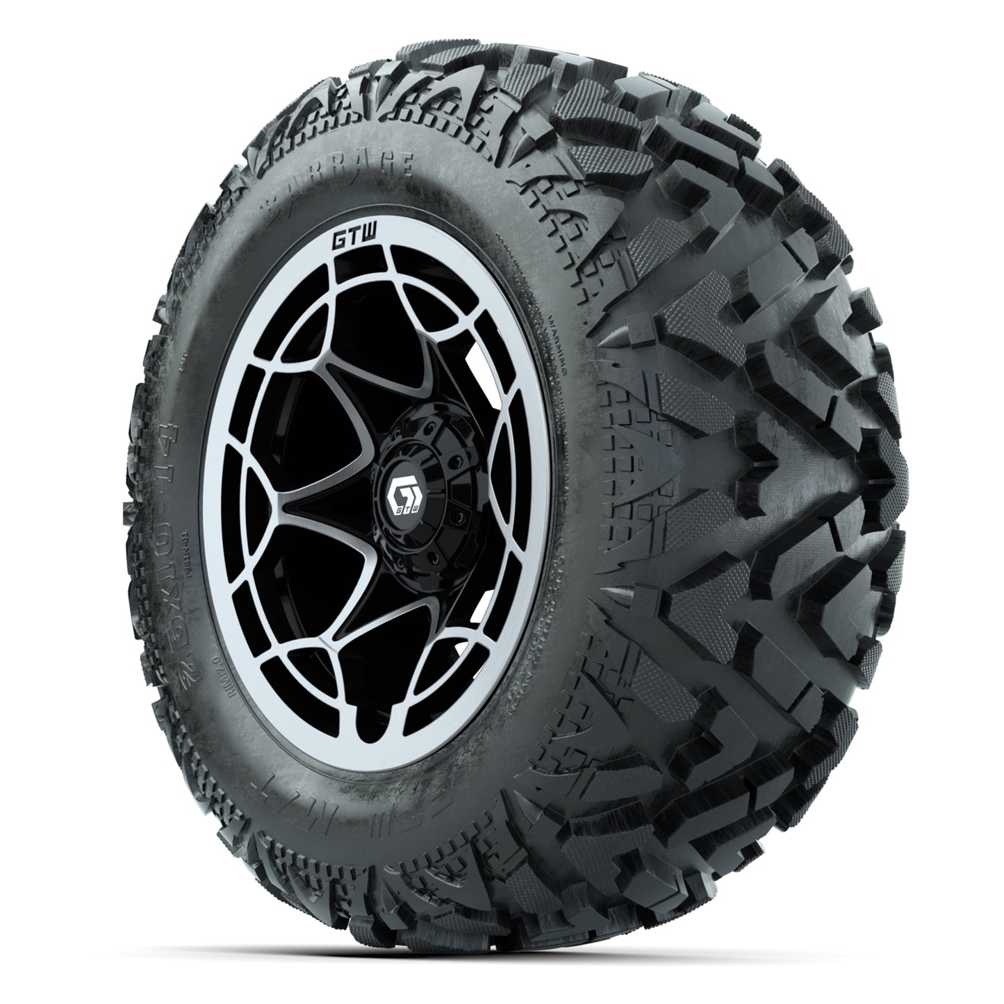 GTW Nexus Black/Silver 14 in Wheels with 25x10-14 Barrage Mud Tires – Full Set