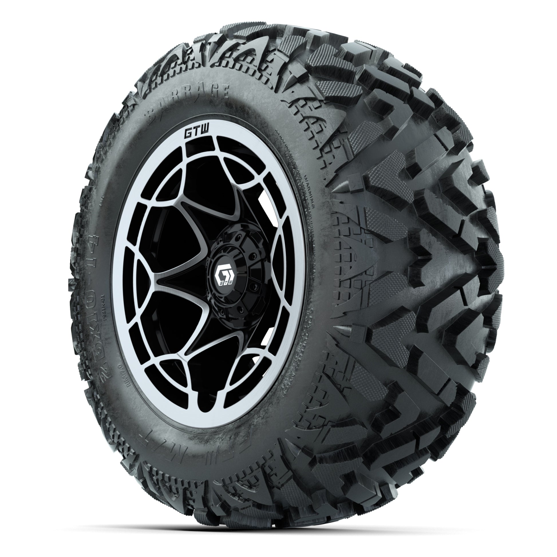 GTW Nexus Black/Silver 14 in Wheels with 25x10-14 Barrage Mud Tires – Full Set