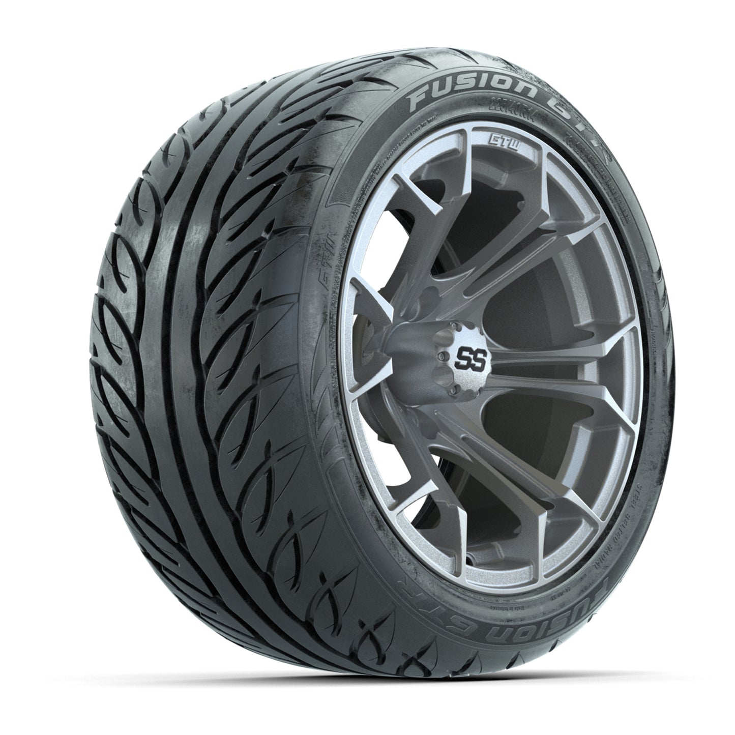 GTW® Spyder Silver Brush 14 in Wheels with 225/40-R14 Fusion GTR Steel Belt Radial Street Tires – Full Set