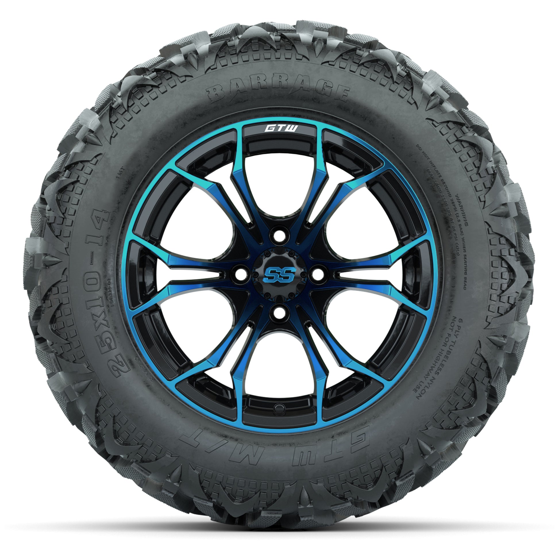 GTW Spyder Black/Blue 14 in Wheels with 25x10-14 Barrage Mud Tires – Full Set