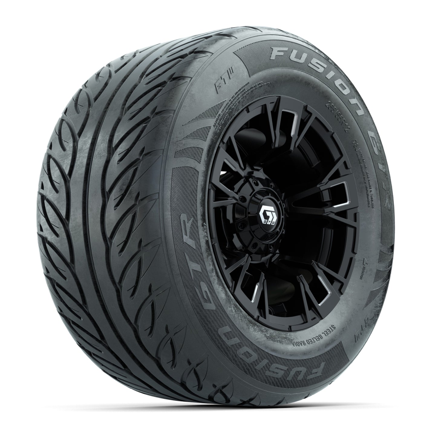 GTW® Vandal Matte Black/Machined 12 in Wheels with 255/55-R12 Fusion GTR Steel Belt Radial Street Tires – Full Set
