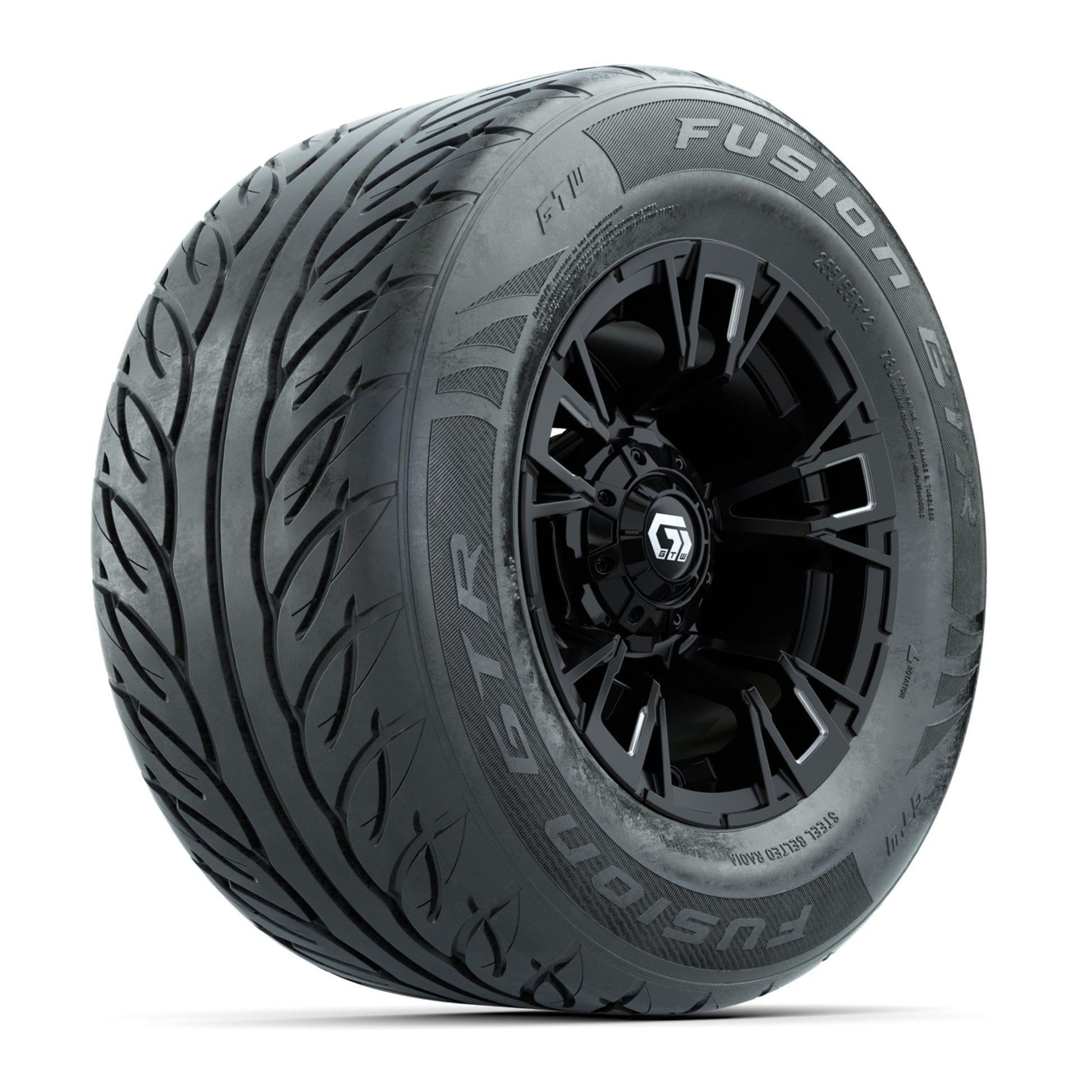 GTW® Vandal Matte Black/Machined 12 in Wheels with 255/55-R12 Fusion GTR Steel Belt Radial Street Tires – Full Set