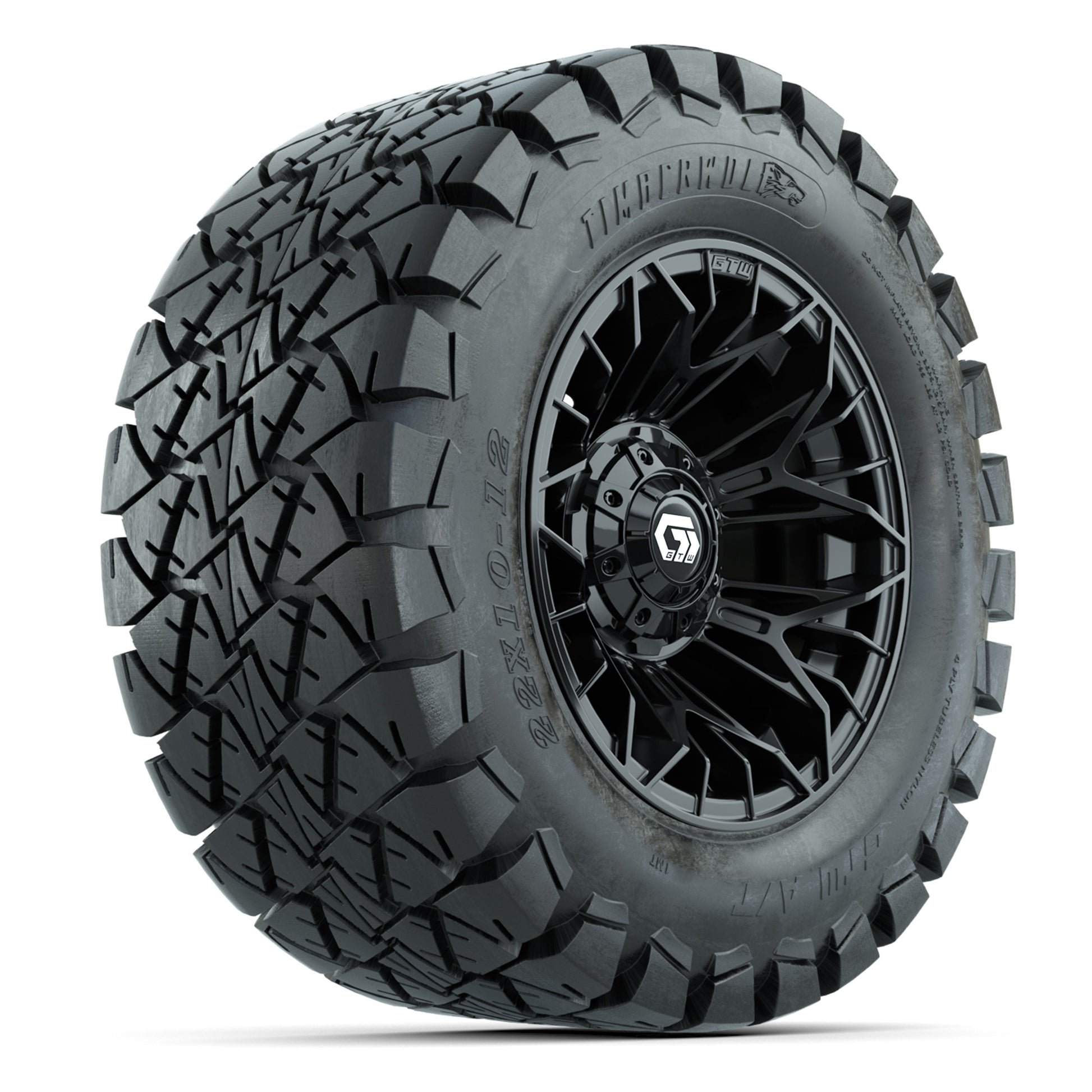 GTW® Stellar Black 12 in Wheels with 22X10-12 Timberwolf All-Terrain Tires – Full Set