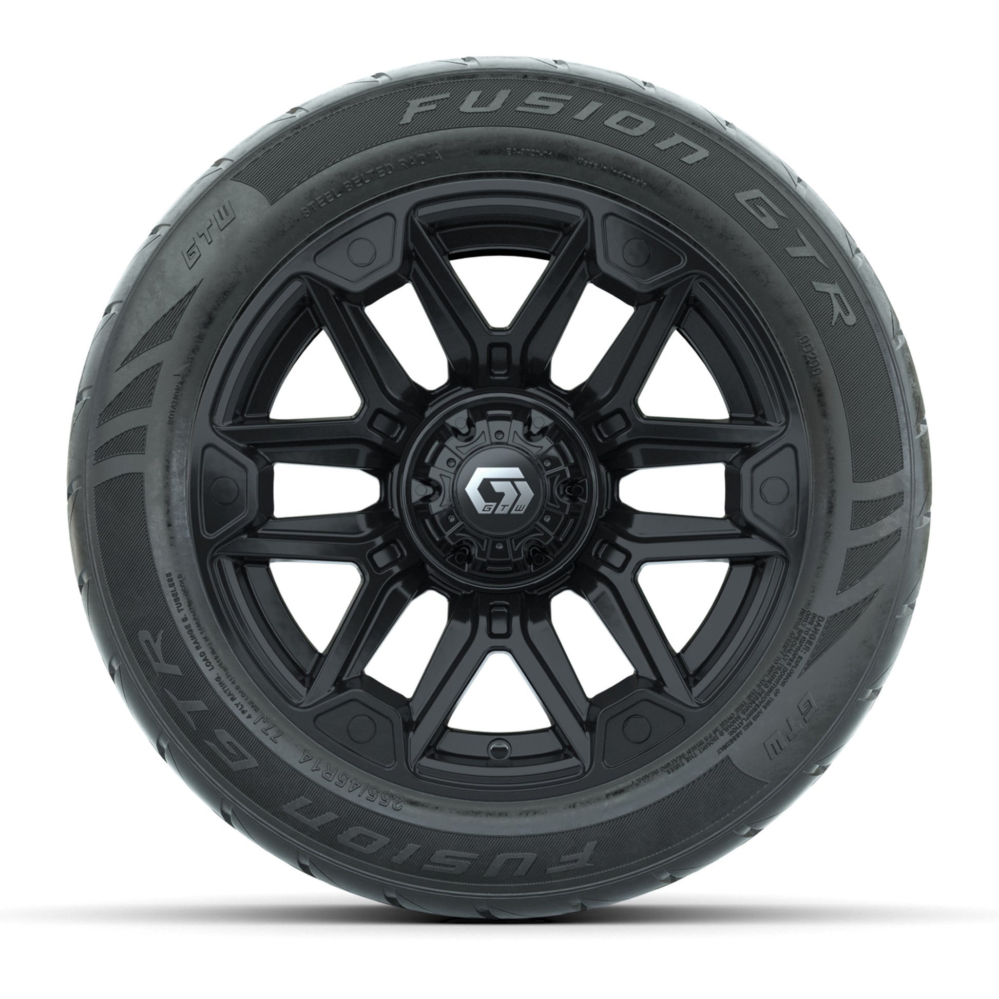GTW® Graffiti Gloss Black 14 in Wheels with 255/45-R14 Fusion GTR Steel Belt Radial Street Tires – Full Set