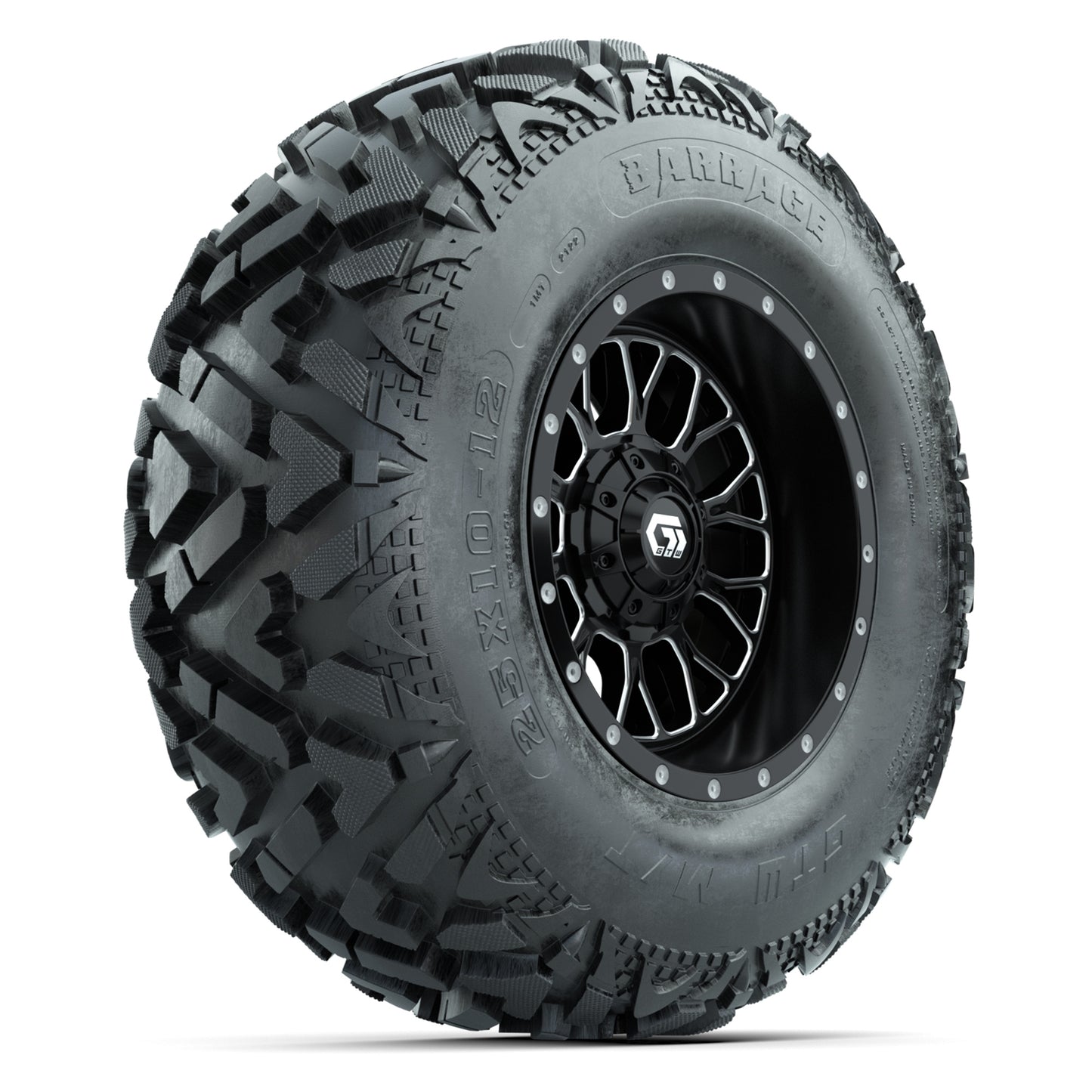 GTW® Helix Black/Machined 12 in Wheels with 25X10-12 Barrage Mud Tires – Full Set