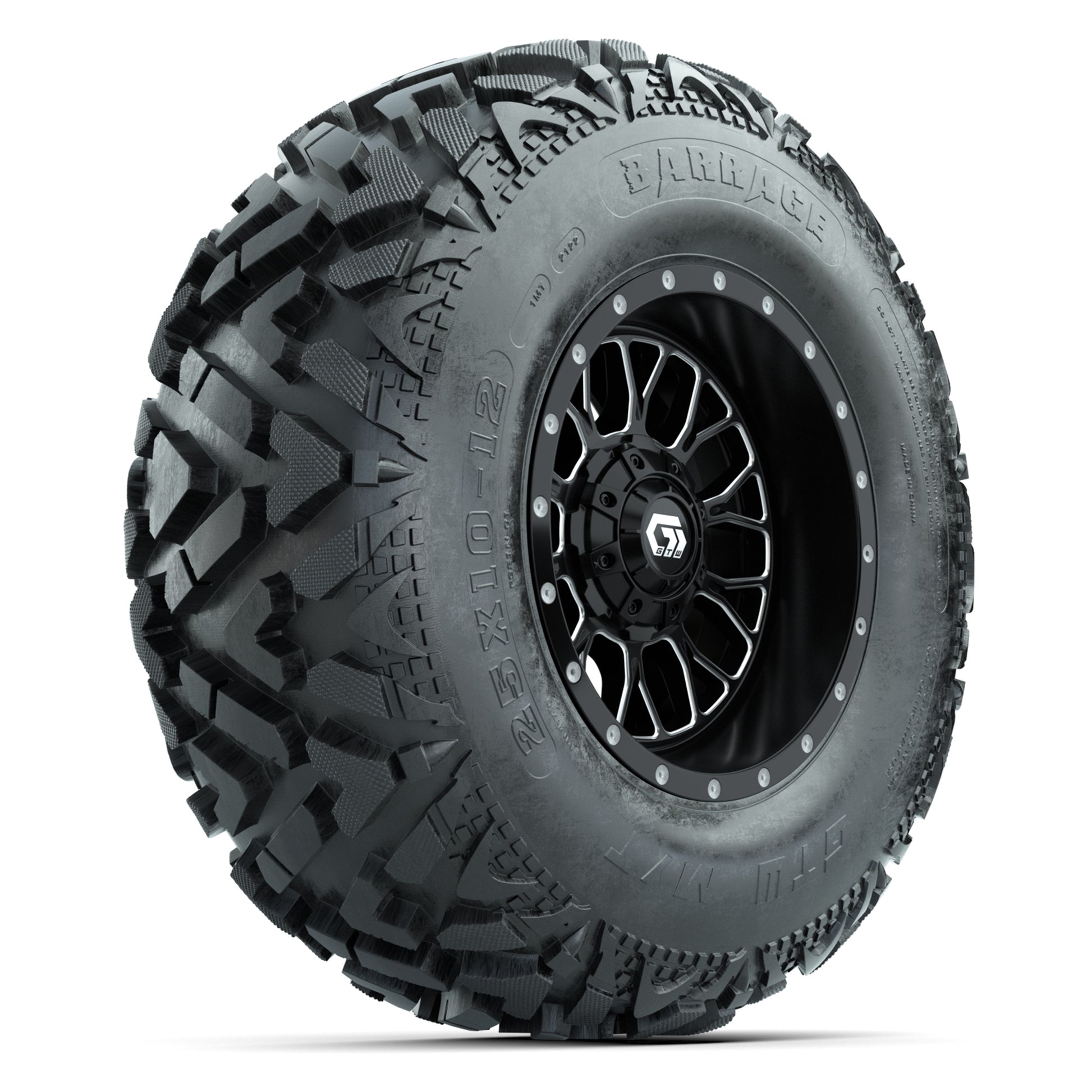 GTW® Helix Black/Machined 12 in Wheels with 25X10-12 Barrage Mud Tires – Full Set