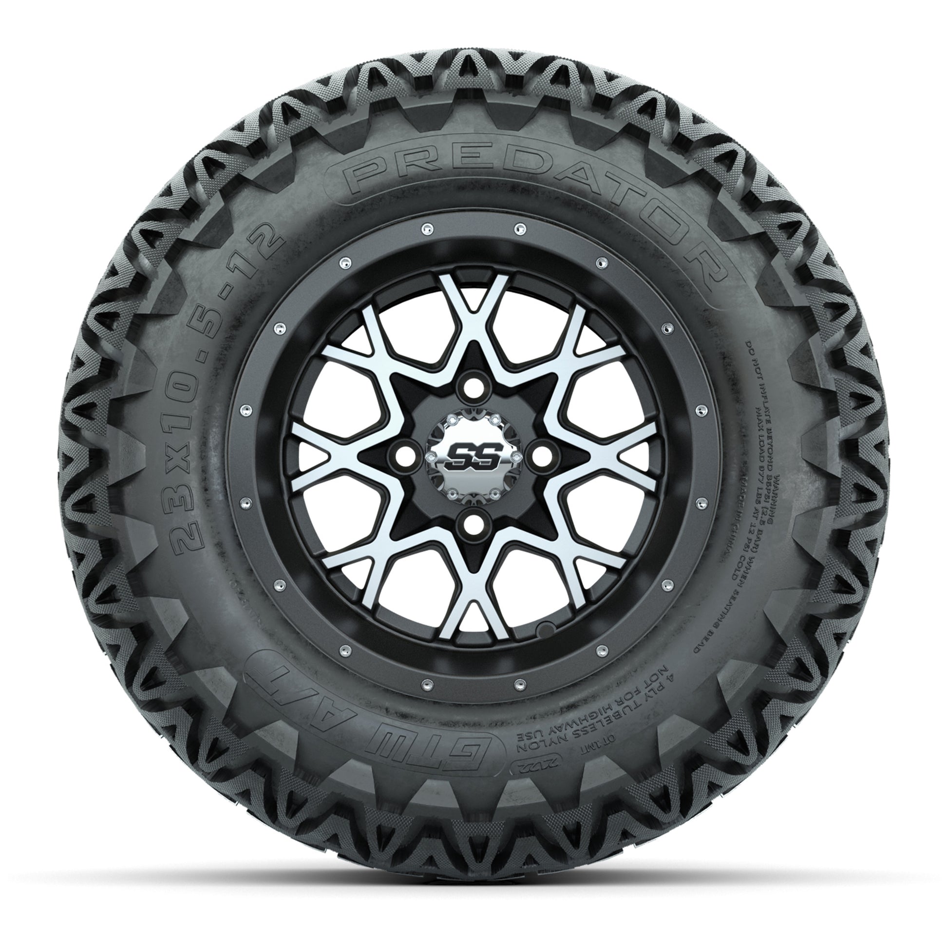 GTW® Vortex 2 Matte Gray/Machined 12 in Wheels with 23X10.5-12 Predator All-Terrain Tires – Full Set