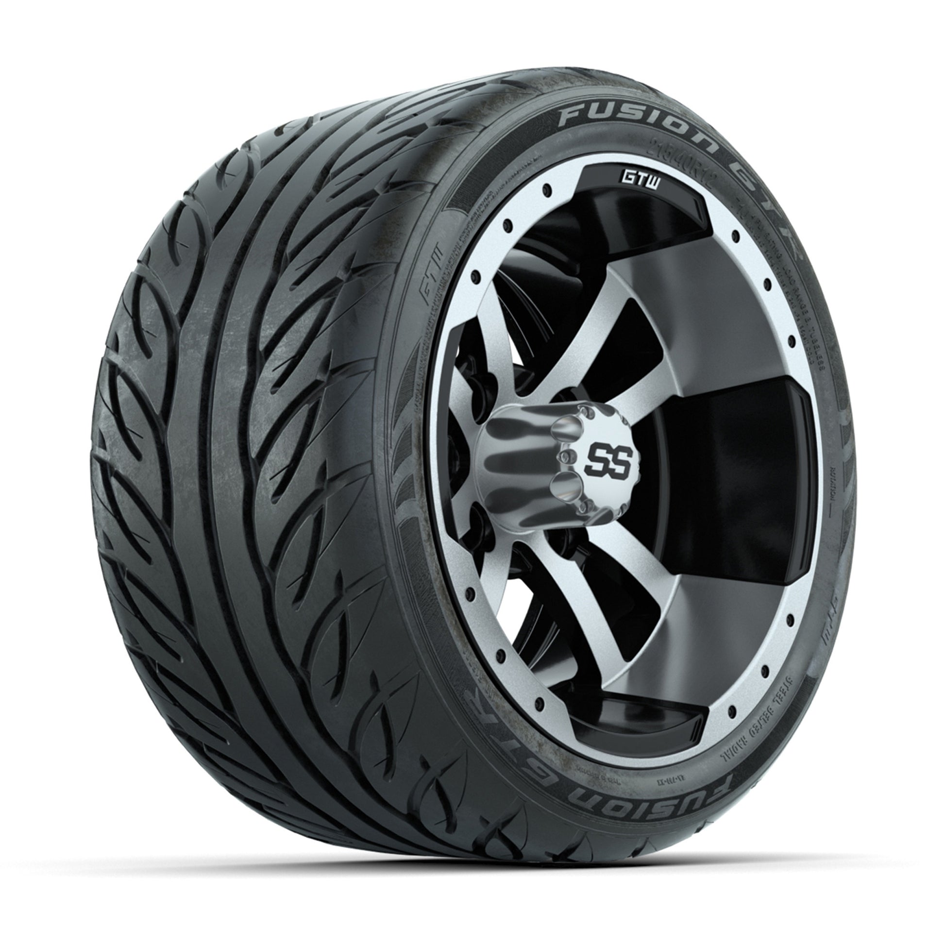 GTW® Storm Trooper Black/Machined 12 in Wheels with 215/40-R12 Fusion GTR Steel Belt Radial Street Tires – Full Set