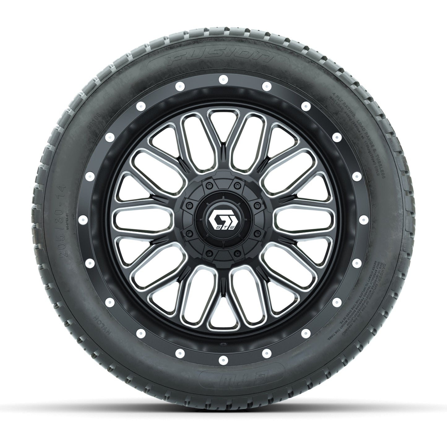 GTW® Helix Black/Machined 14 in Wheels with 205/30-R14 Fusion Street Tires – Full Set