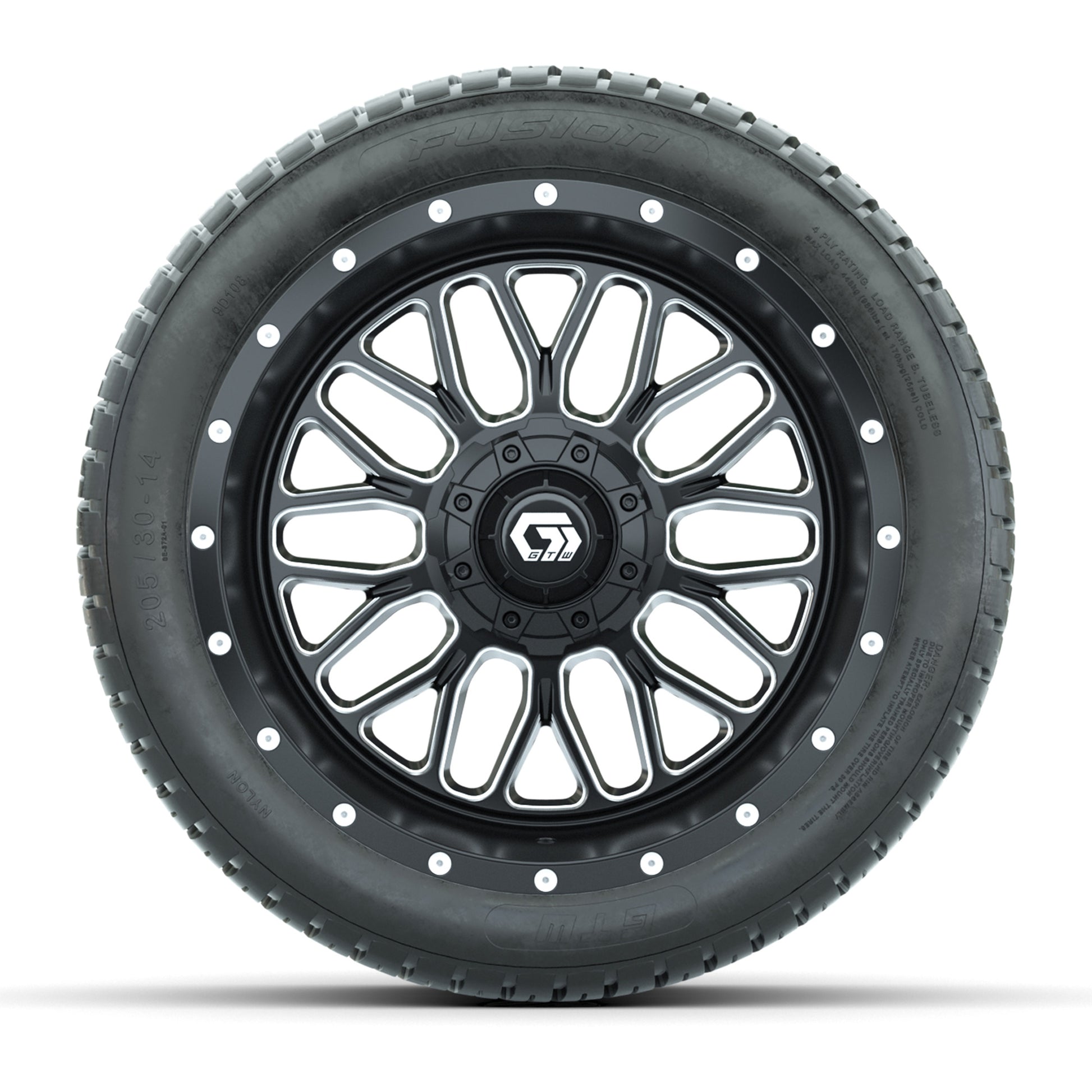 GTW® Helix Black/Machined 14 in Wheels with 205/30-R14 Fusion Street Tires – Full Set